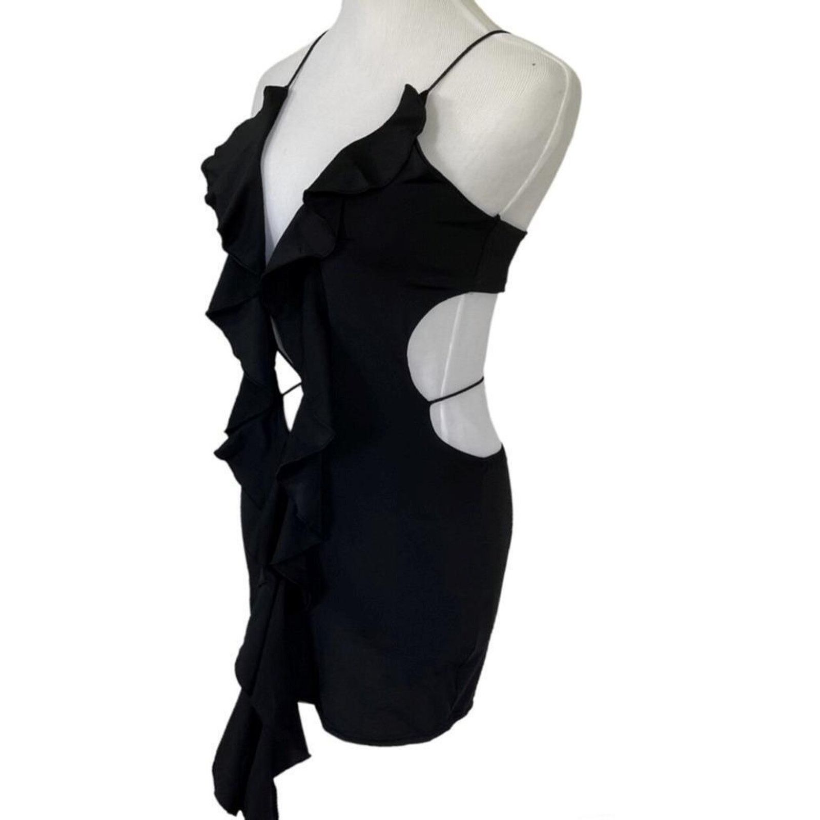 Other NEW Sexy Strappy Black Ruffle Draped Cocktail Mini Dress Size XS / US 0-2 / IT 36-38 - 3 Thumbnail