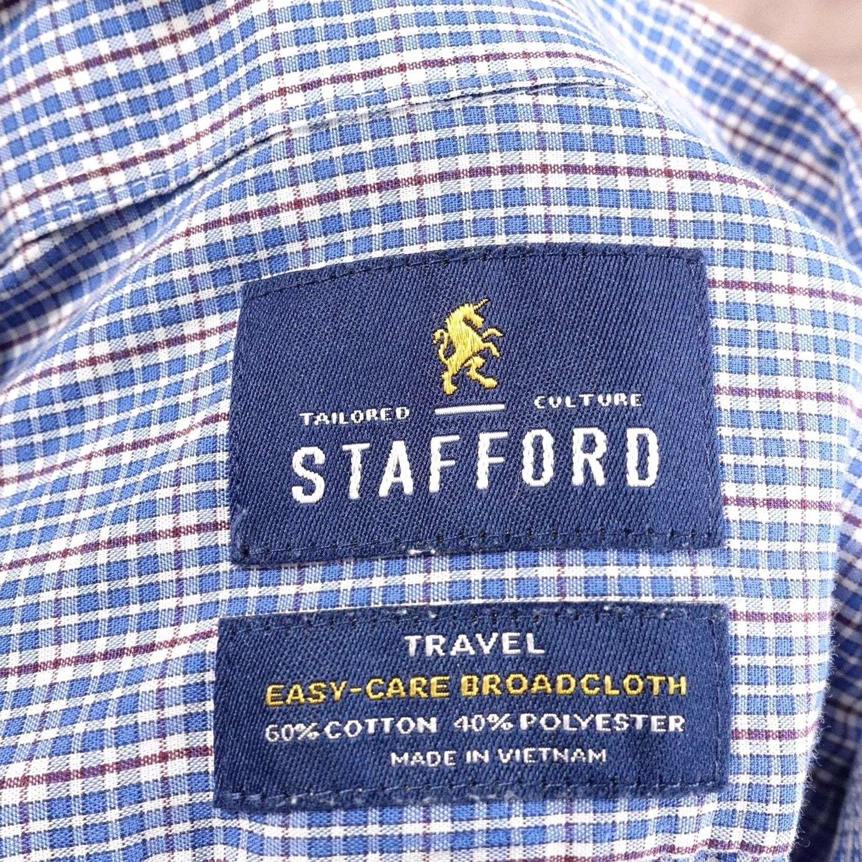 Stafford Stafford Dress Shirt Mens 16 34/35 Regular Fit Blue Check Easy Care Travel Size 42R - 6 Thumbnail