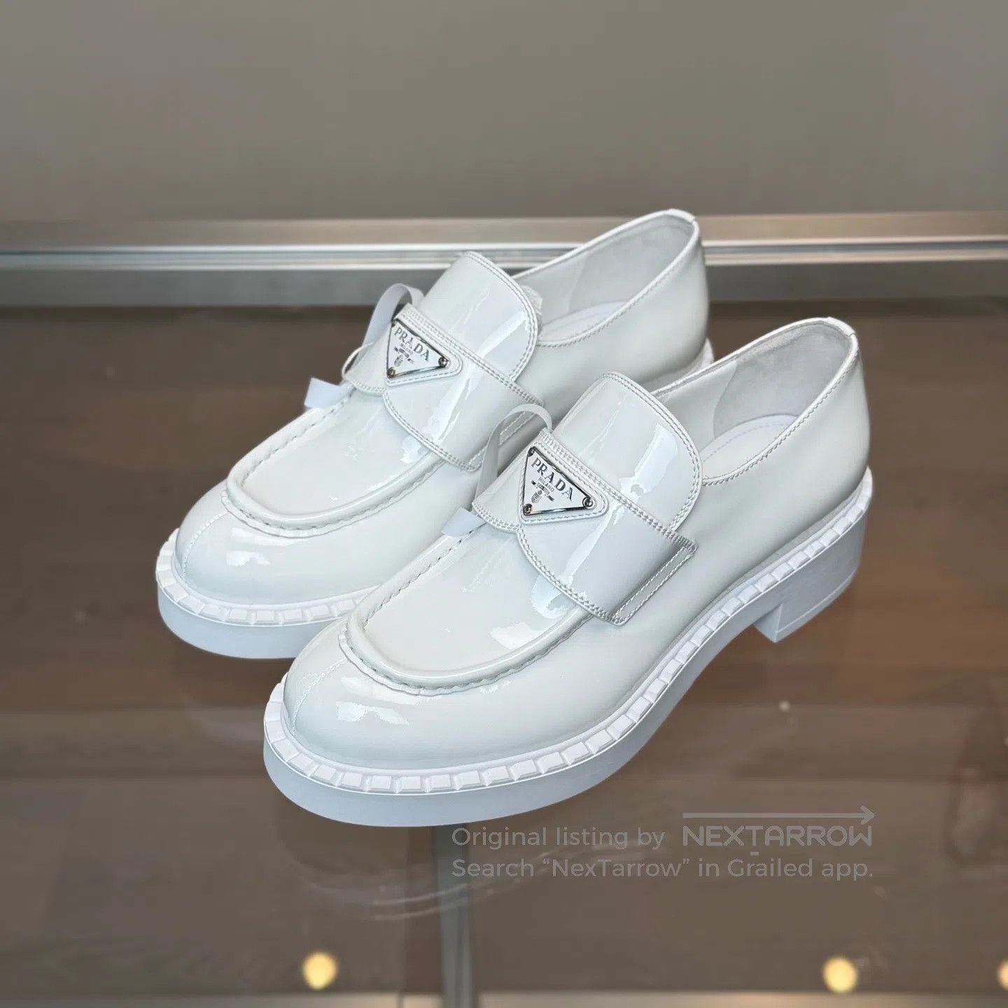 Prada Prada Chocolate white lacquered leather steel logo loafers Size US 7.5 / IT 37.5 - 1 Thumbnail