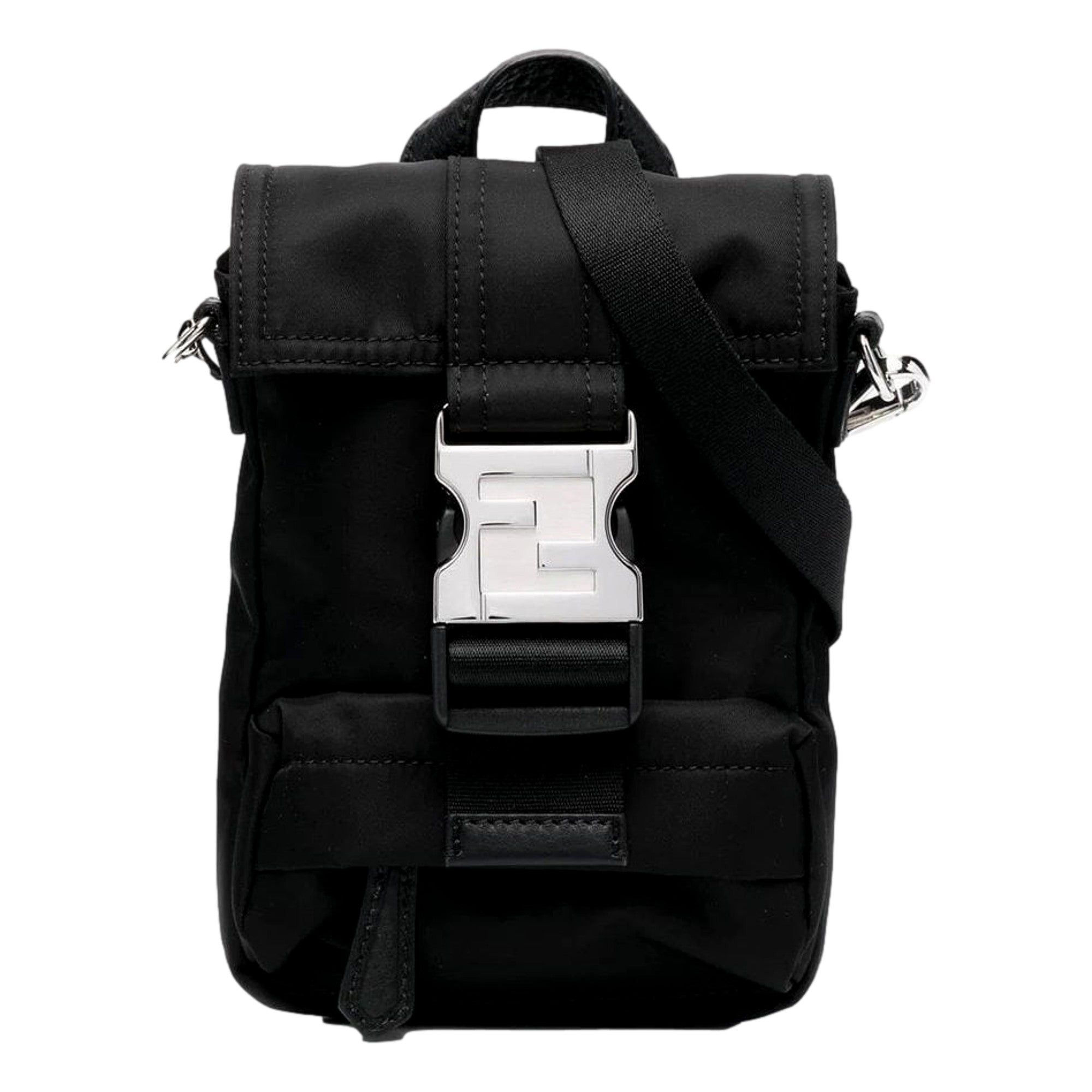 image of NWT Fendi Fendiness Black Nylon Buckle Mini Backpack Crossbody Bag, Women's