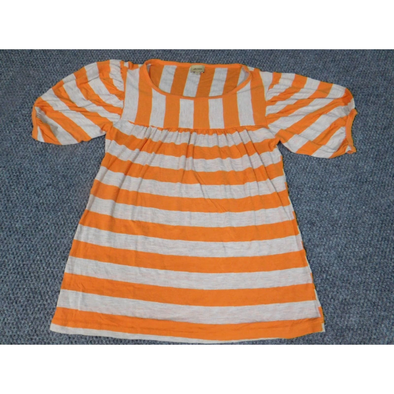 Vintage Ella Moss Womens Blouse XS Orange Striped Stretch Crew Neck Short Sleeve Casual Button Pullover 90s? (Note: 90s not in original) Size XS / US 0-2 / IT 36-38 - 2 Thumbnail