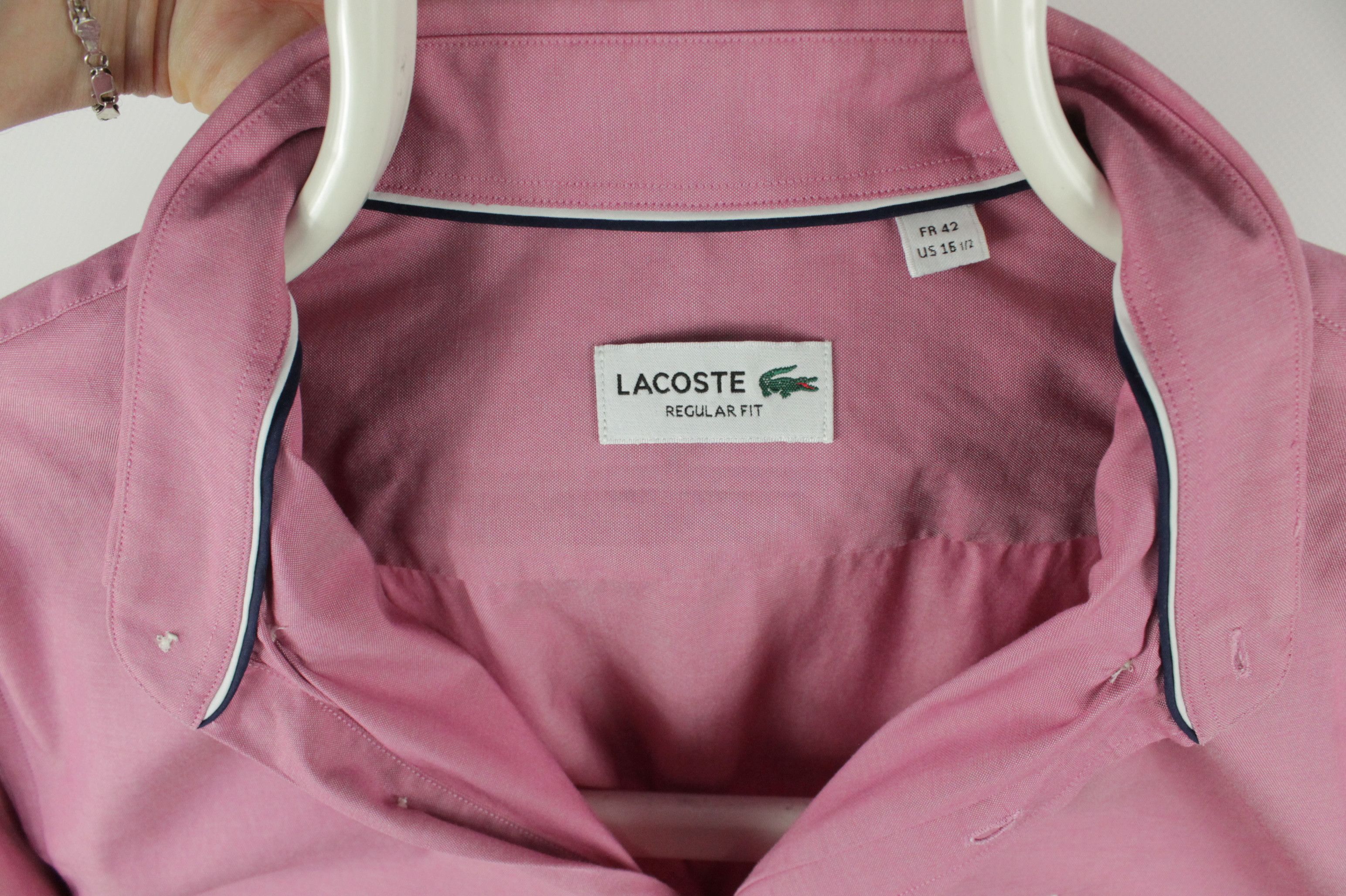 Designer × Lacoste Lacoste Woven Pink Cotton L/S Regular Fit Dress Shirt Size US L / EU 52-54 / 3 - 3 Thumbnail