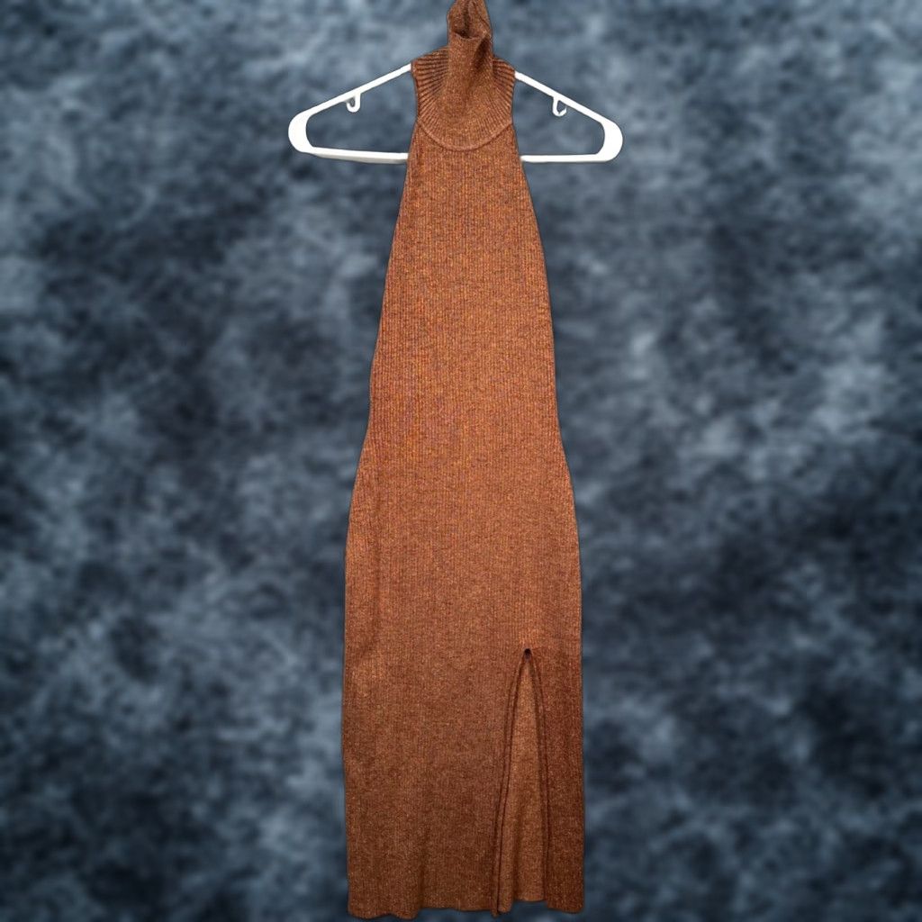 Womens Superdown Halter Midi Dress Brown Metallic Knit Sleeveless Front  Slit Slim Bodycon Party Cocktail - Adult