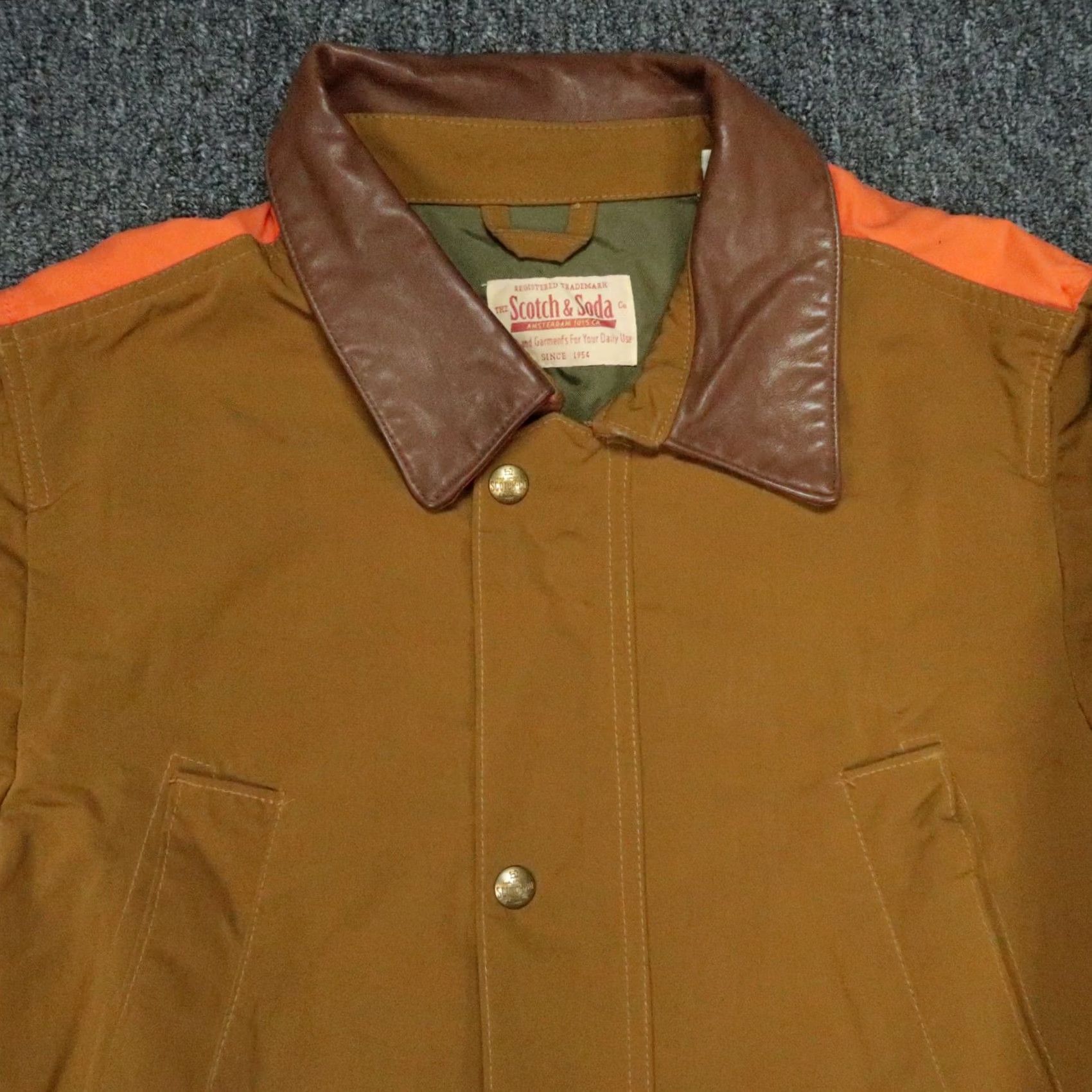 Scotch & Soda Scotch & Soda Jacket Mens Small Brown Hunting Blaze Orange Leather Collar Canvas Jacket Size US S / EU 44-46 / 1 - 2 Thumbnail