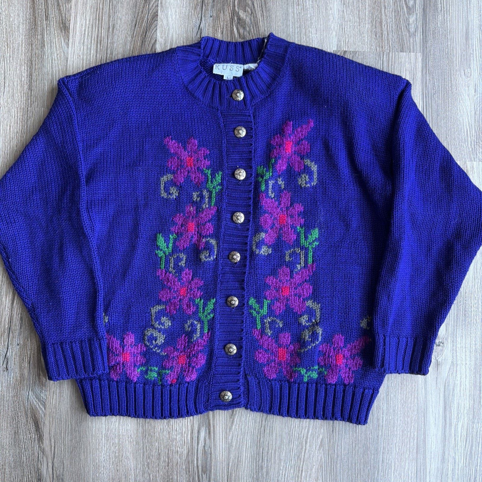 Norman Russell Vintage Purple Flower Silver Button Wool Cardigan Sweater L Size L / US 10 / IT 46 - 1 Thumbnail