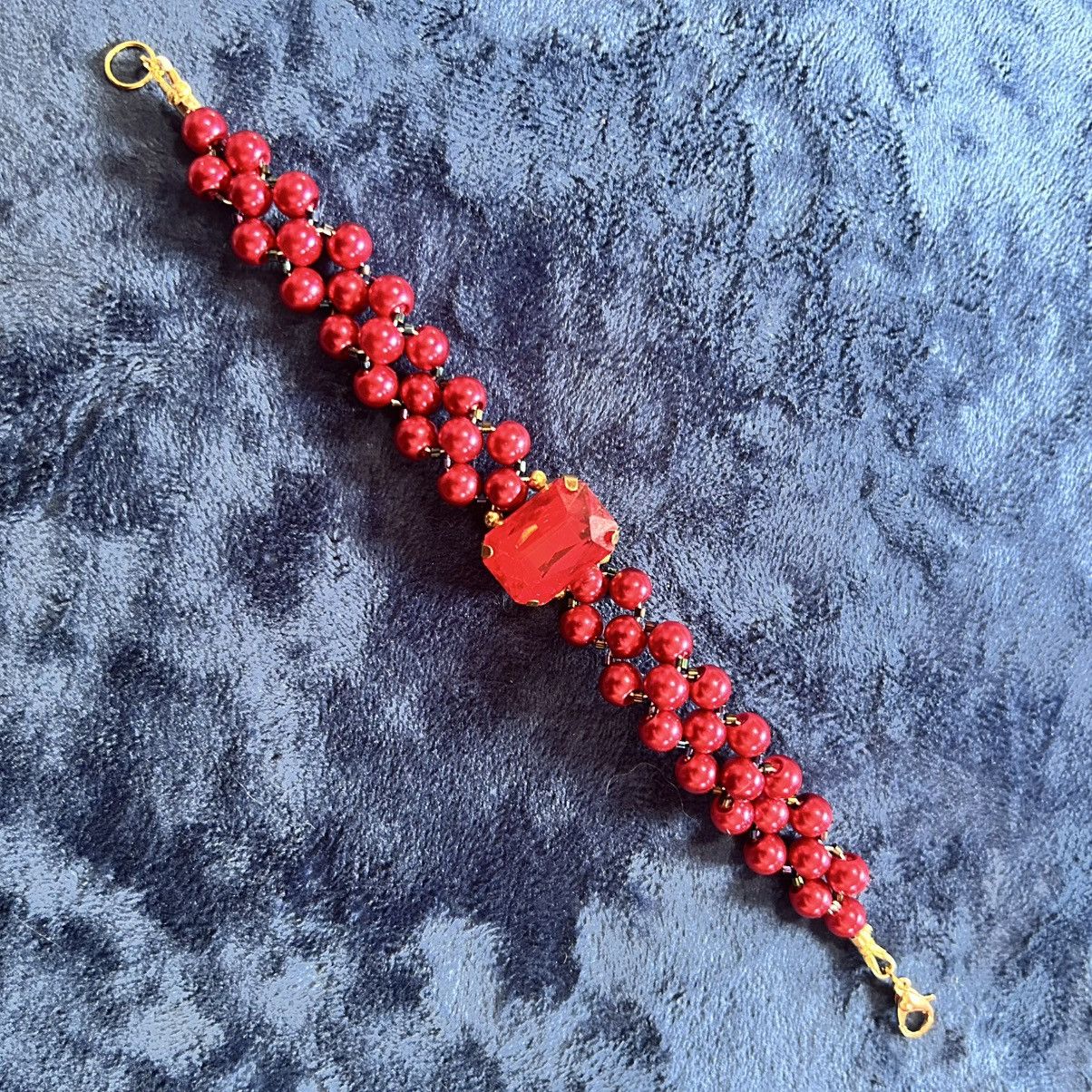 Handmade Handcrafted ruby red Czech glass pearl rainbow bracelet Size ONE SIZE - 4 Thumbnail