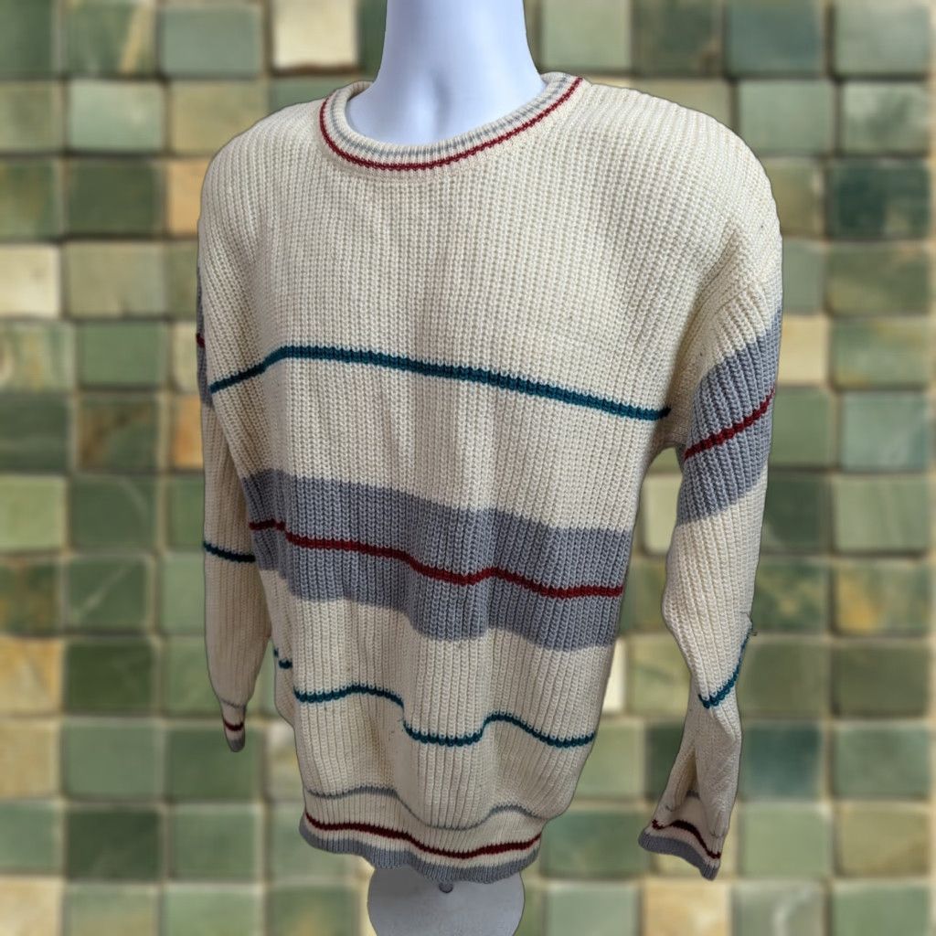 Vintage VINTAGE 80s Sweater Knit Ivory Striped MEN'S Large Crew Neck Pullover Grannycore S11 Men Size US L / EU 52-54 / 3 - 1 Thumbnail