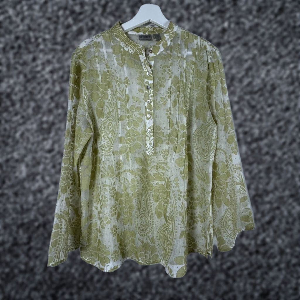 Vintage Chico's Sheer Floral Button-Front Blouse Mandarin Collar Sz 2 Green Linen Blend Size XS / US 0-2 / IT 36-38 - 1 Thumbnail
