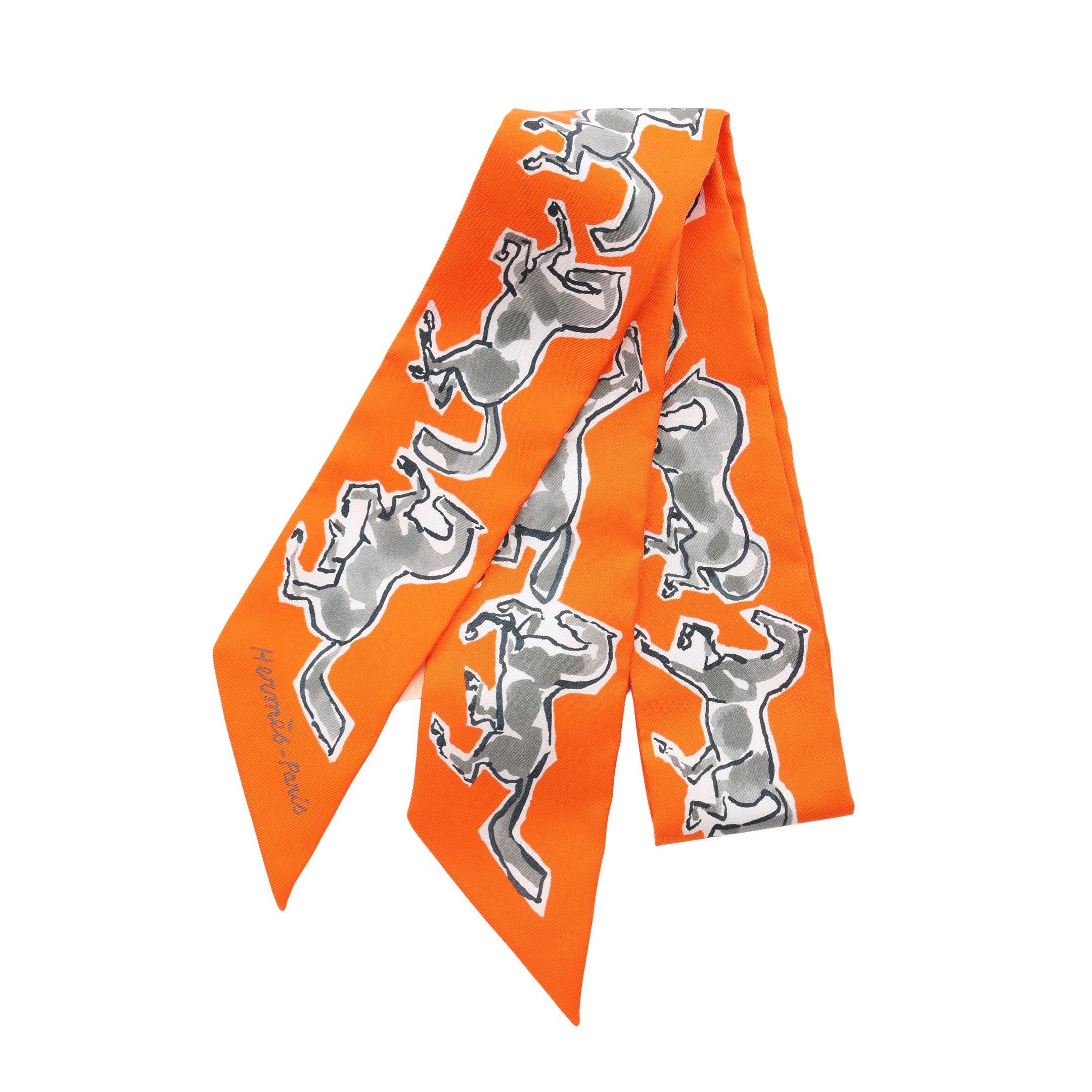 Hermes Hermes Twilly Chevaux En Liberte Ribbon Scarf Silk Orange Multicolor Size ONE SIZE - 1 Thumbnail