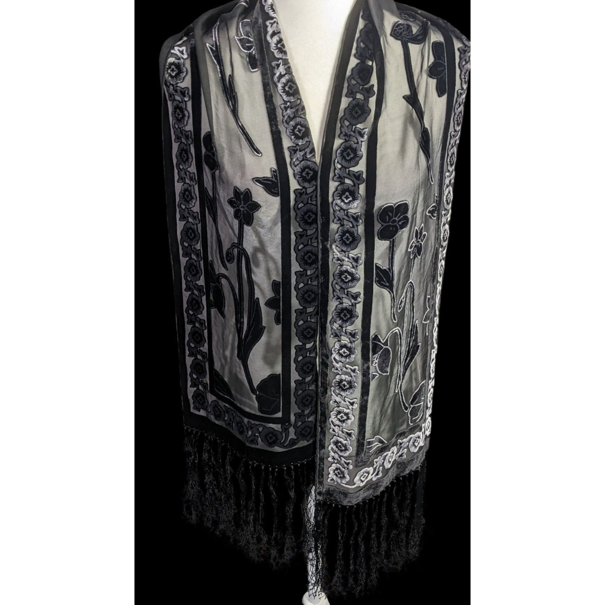 Other Vintage Gothic Burnt Velvet Floral Scarf With 7-Inch Fringe Size ONE SIZE - 3 Thumbnail