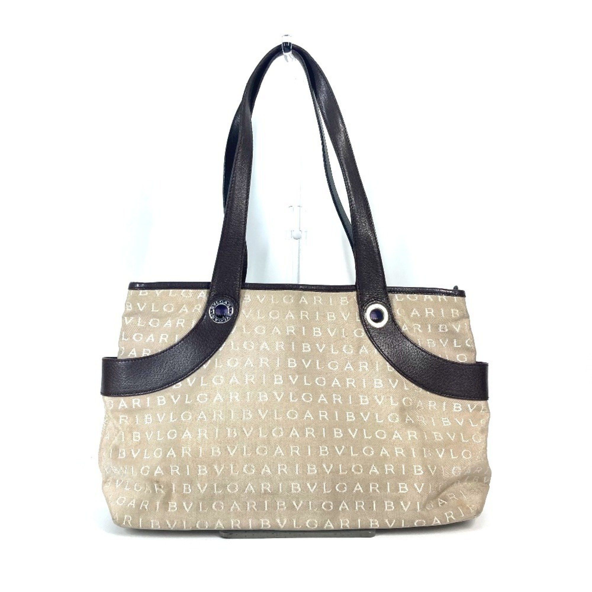 Bvlgari Logomania Bag Shoulder Tote Canvas Leather Women's Beige
