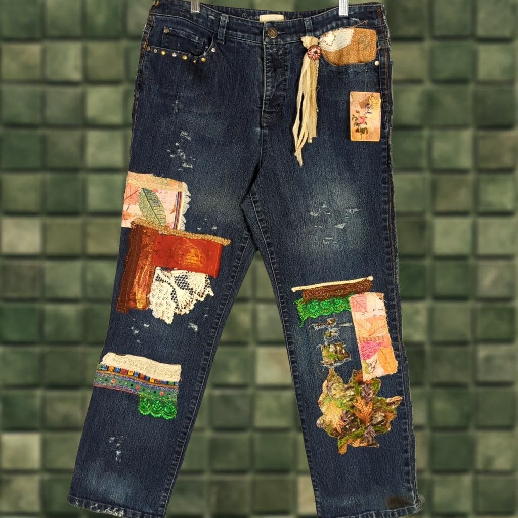 Vintage Artsy Jeans Patchwork Pockets Pearl Woodstock Boho Size 14P Size 36" / US 14 / IT 50 - 1 Thumbnail
