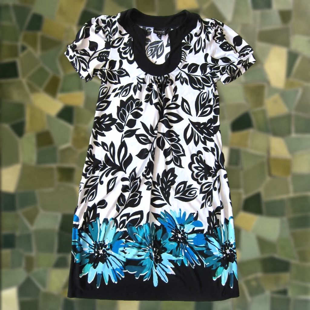 Vintage VINTAGE En Focus Studio Dress Floral Short Sleeve Tunic Sheath A-Line 6 Black White Blue Size 28" / US 6 / IT 42 - 1 Thumbnail