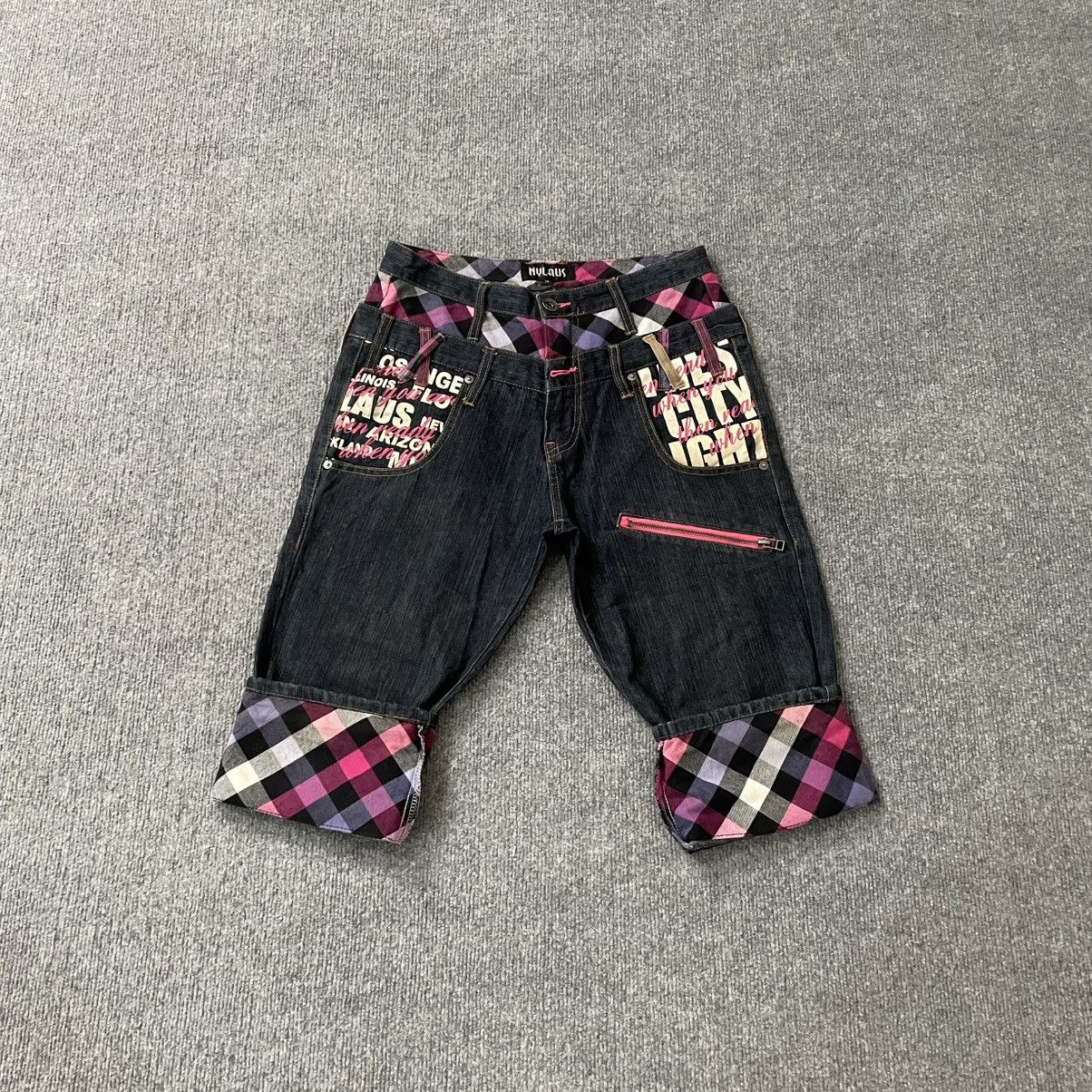 PPFM Nylaus Patchwork Graphic Jeans Denim Cropped Pants Punk Y2K Size US 29 - 2 Thumbnail