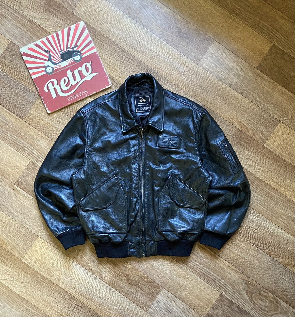 image of Alpha Industries Leather Patch Genuine Leather Jacket in Black, Men's (Size XL)