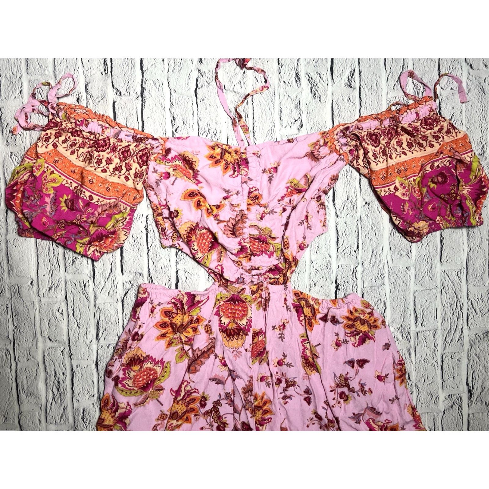 Free People Free People Jumpsuit Women's Casual One-Piece Short Sleeve Pink Bali Citrus Skies Cutout L Size 36" / US 14 / IT 50 - 5 Thumbnail