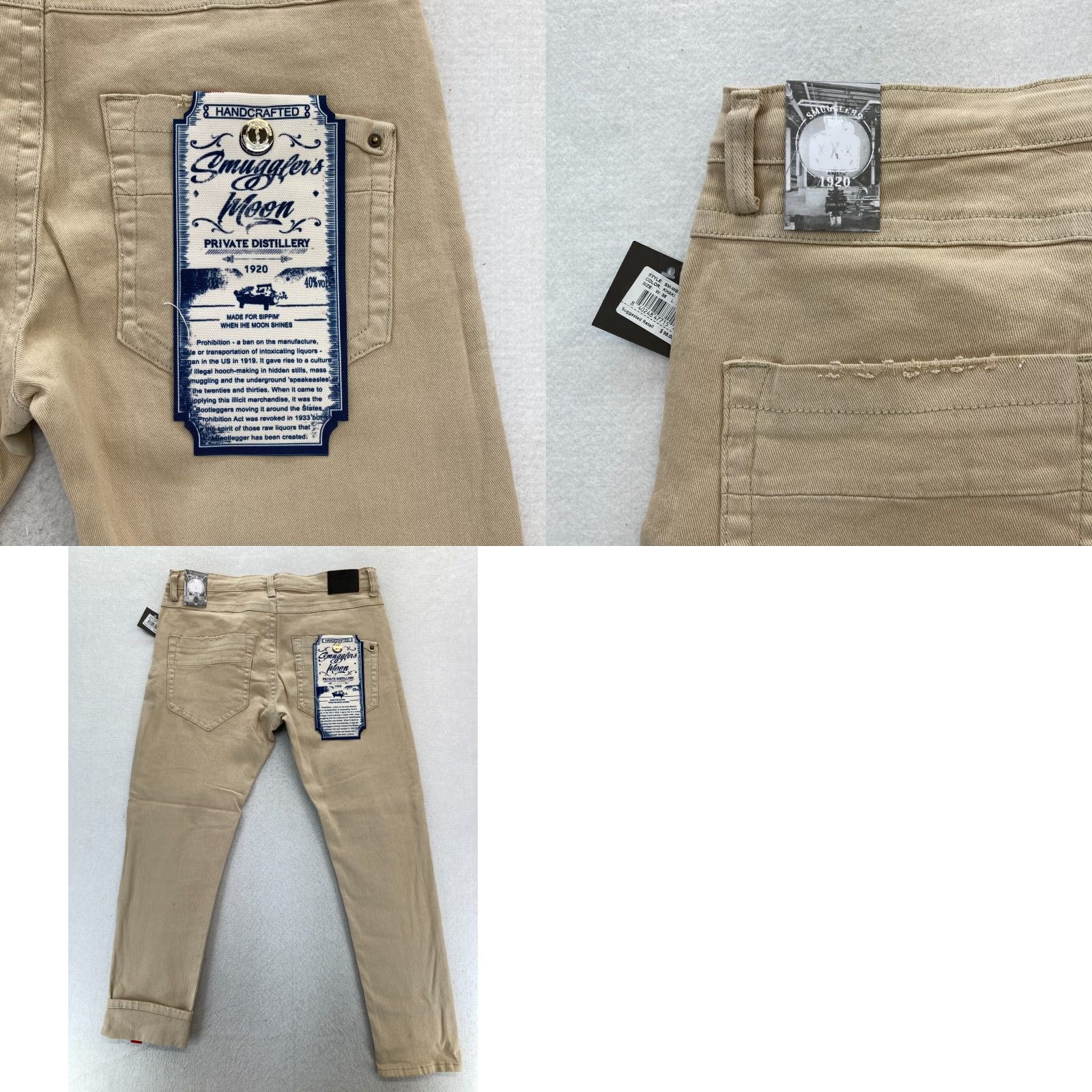 Denime Smugglers Moon Jeans Mens 38x33 Khaki Beige Denim Button Fly Roll Up Distressed Slim 5-Pocket Gothic Punk Rock Skull Mens Jeans Size US 38 / EU 54 - 10 Thumbnail
