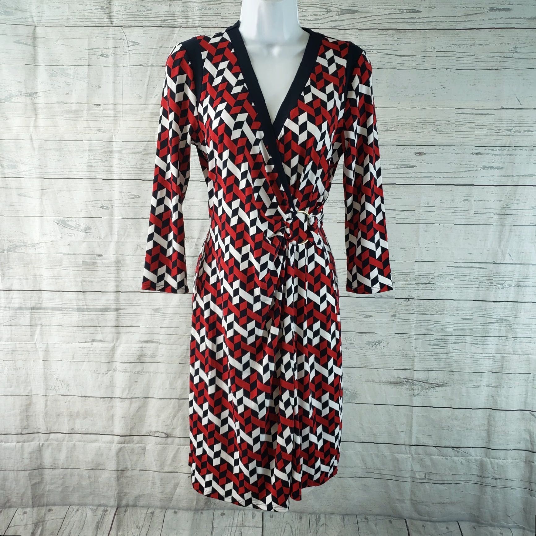 Vintage 41 Hawthorn Womens Faux Wrap Dress XS Red White Geometric 3/4 Sleeve Size XS / US 0-2 / IT 36-38 - 2 Thumbnail