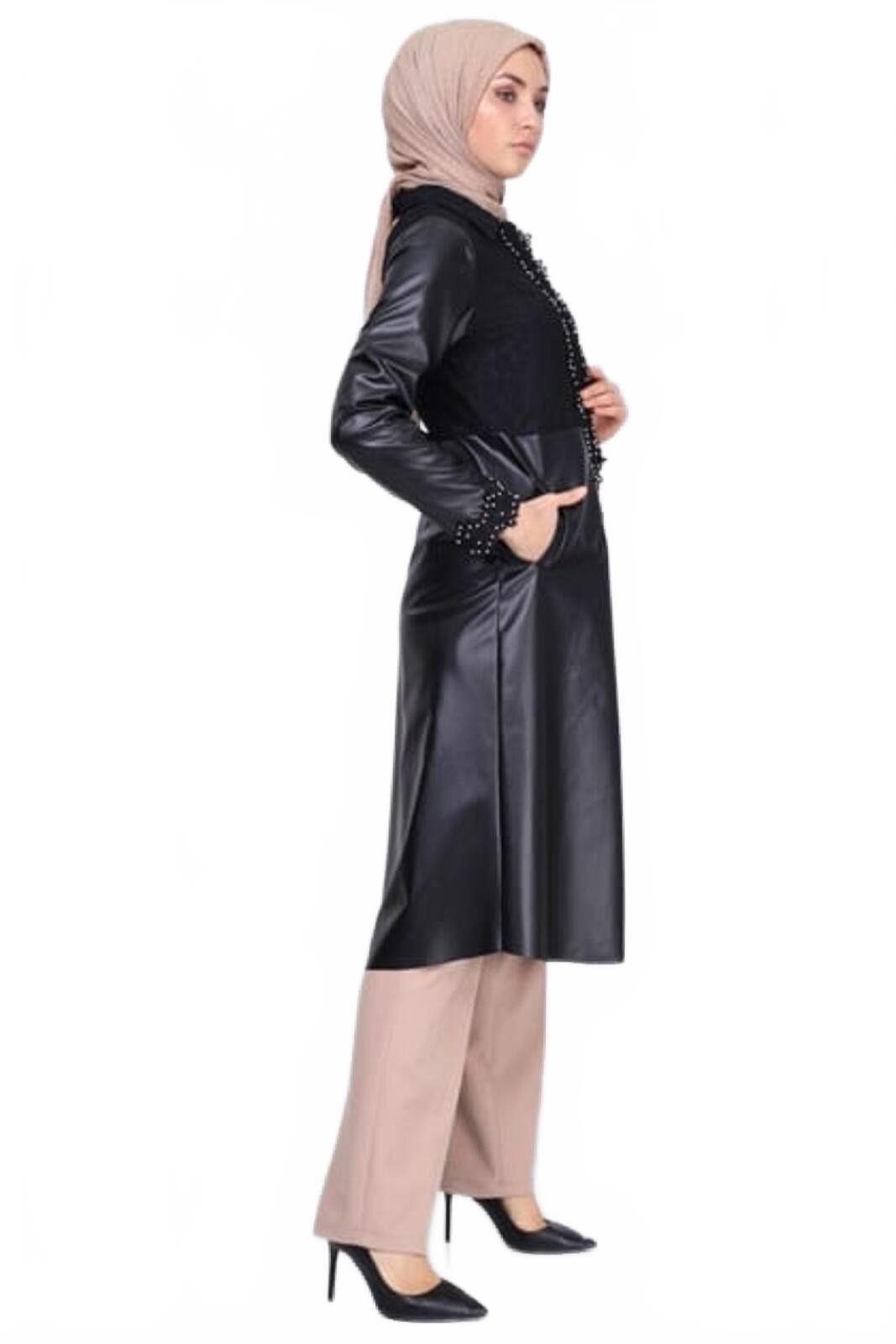 The Unbranded Brand Elegant Black Faux Leather and Lace Long Coat, Size - 6 Size M / US 6-8 / IT 42-44 - 4 Thumbnail