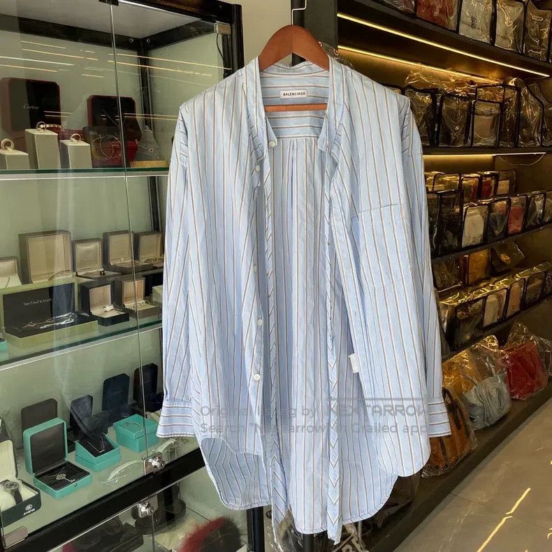 Balenciaga Balenciaga Light Blue Stripe Back Yellow Logo Long Shirt Size XS / US 0-2 / IT 36-38 - 3 Thumbnail