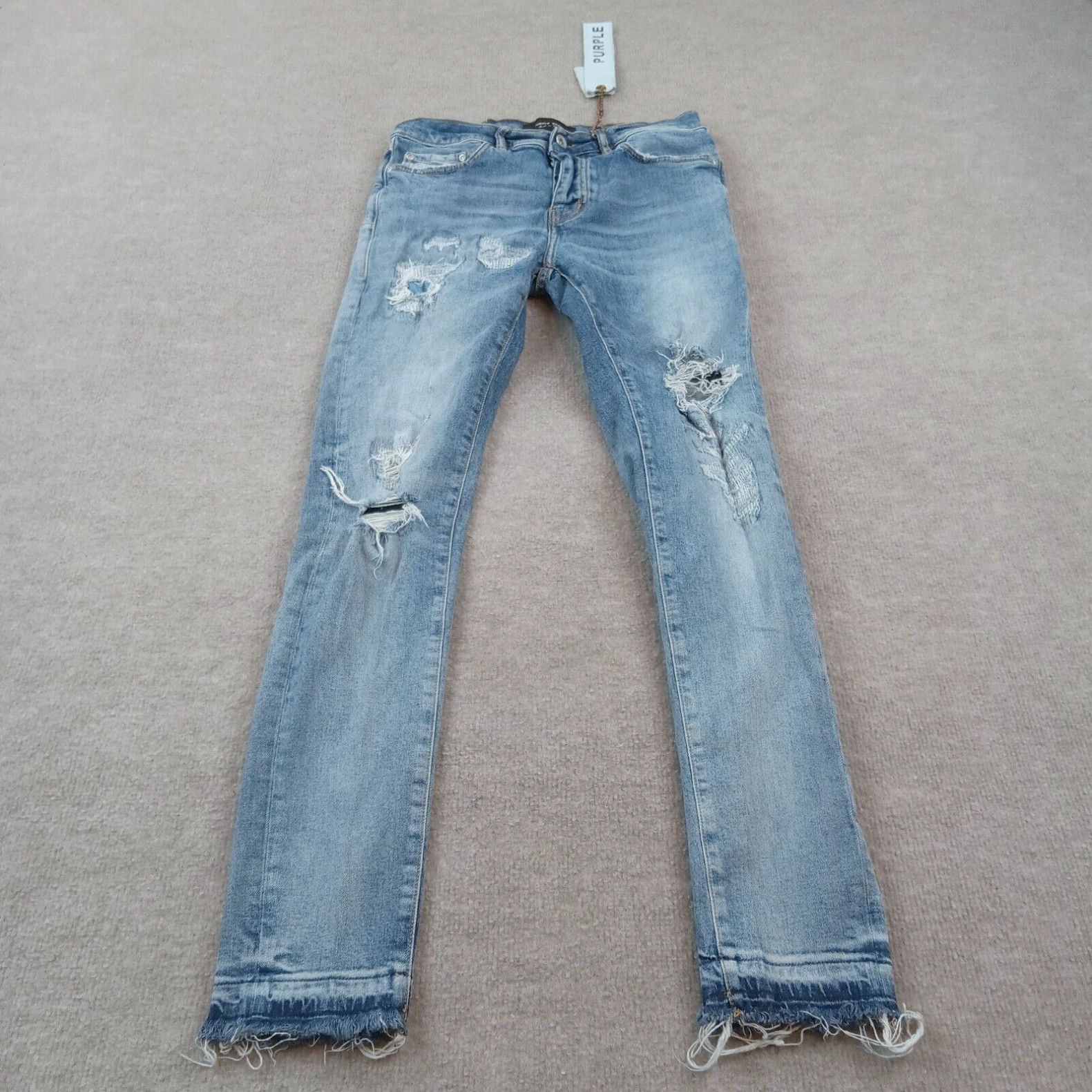 image of Purple Brand Jeans Mens Size 30X29 Blue Stretch Skinny Distressed Button Fly P001 in White