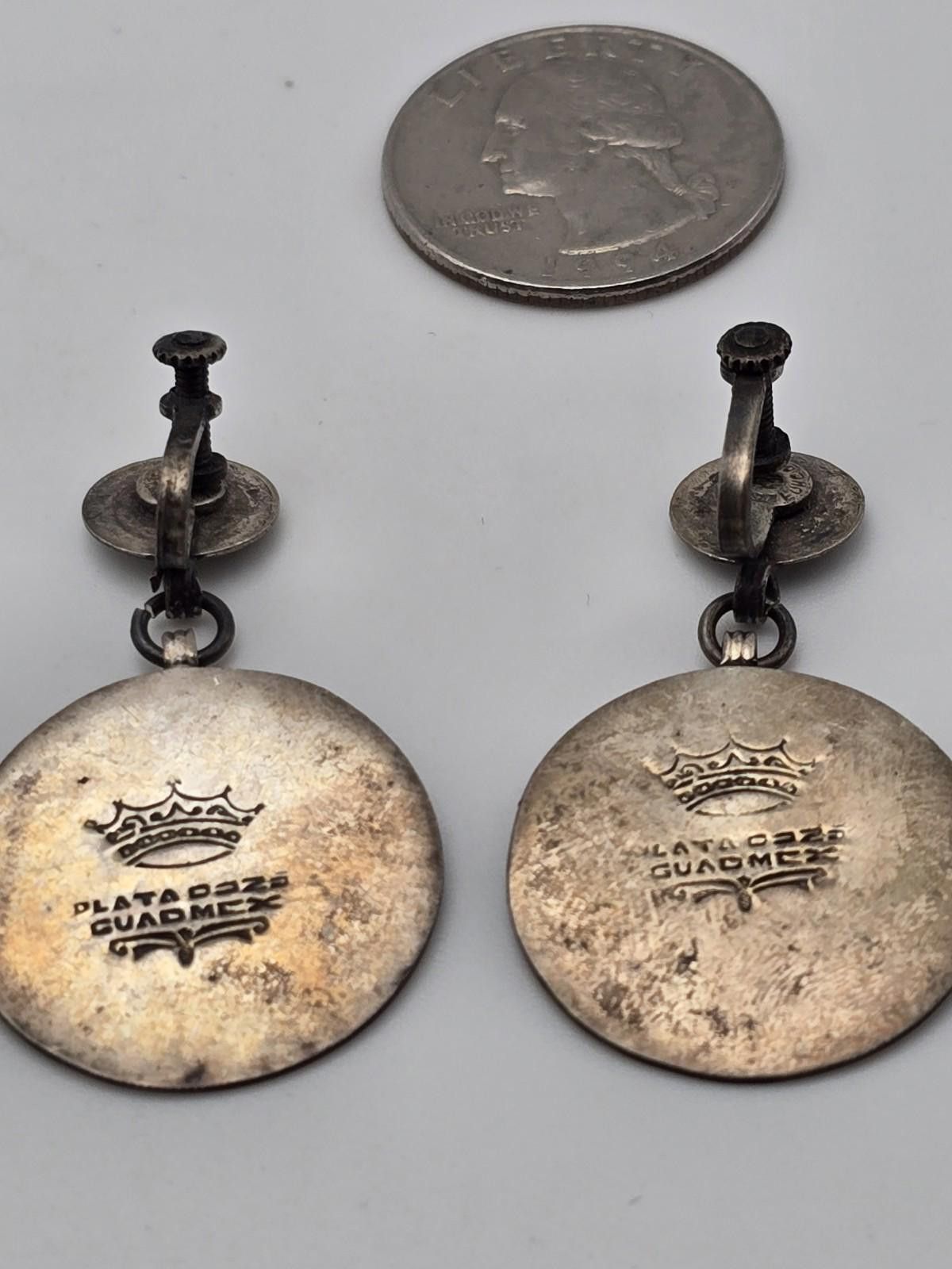 Sterling Silver Vintage Mexican Sterling Aztec Calendar Earrings 1950s Size ONE SIZE - 5 Thumbnail