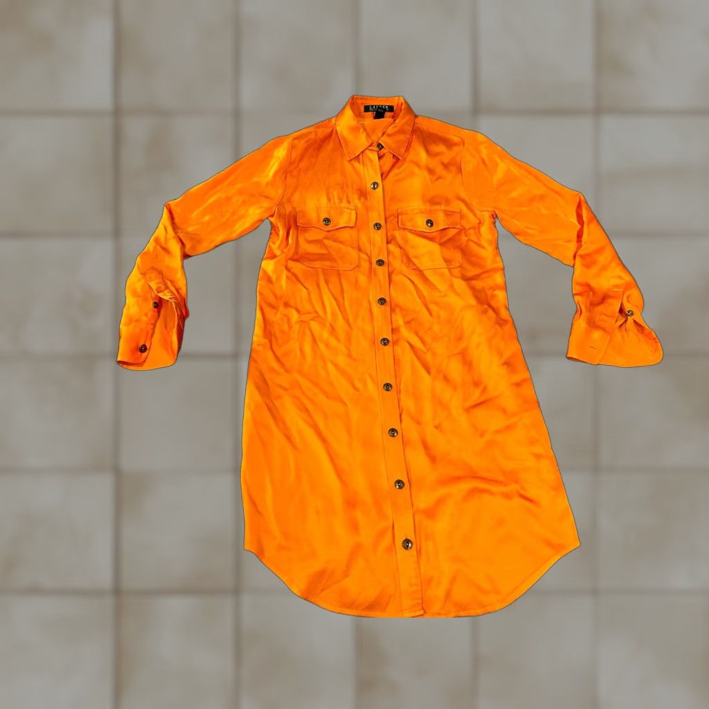 Ralph Lauren Lauren Ralph Lauren Shirt Dress Womens 2 Orange Button Front Long Sleeve Classic Satin Knee Length Vintage No Size XS / US 0-2 / IT 36-38 - 1 Thumbnail