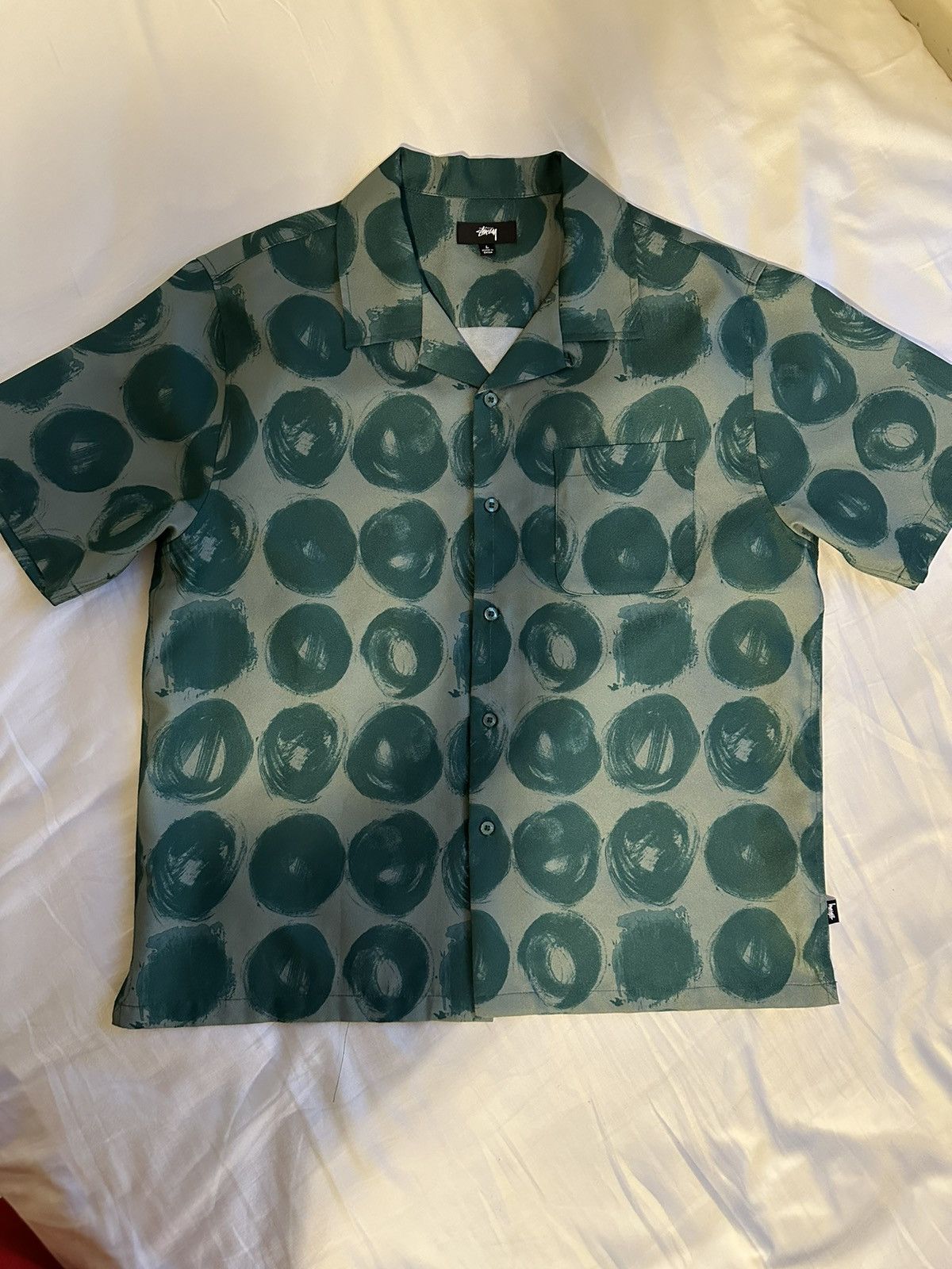 image of Stussy Hand Drawn Dot Camp Collar Shirt Green, Men's (Size Large)