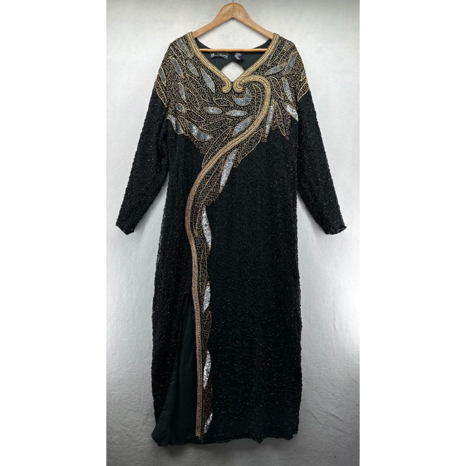 Vintage Jewel Queen Maxi Dress Black Women's Size 0 Silk Beaded Long Sleeve Evening Gown Size XS / US 0-2 / IT 36-38 - 2 Thumbnail
