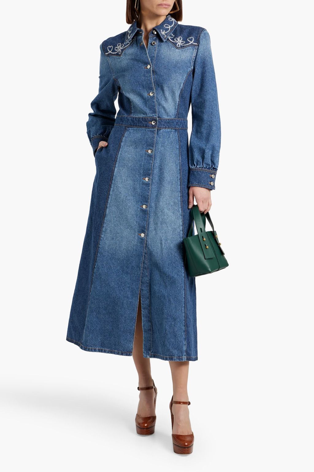 Chloe oc11z0525 Embroidered Two-Tone Denim Midi Shirt Dress Blue Size S / US 4 / IT 40 - 4 Thumbnail
