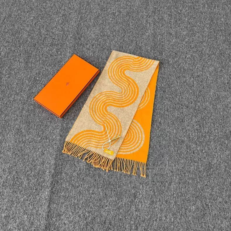 Hermes Hermes Orange Wave Pattern Cashmere Fringe Scarf Size ONE SIZE - 1 Thumbnail