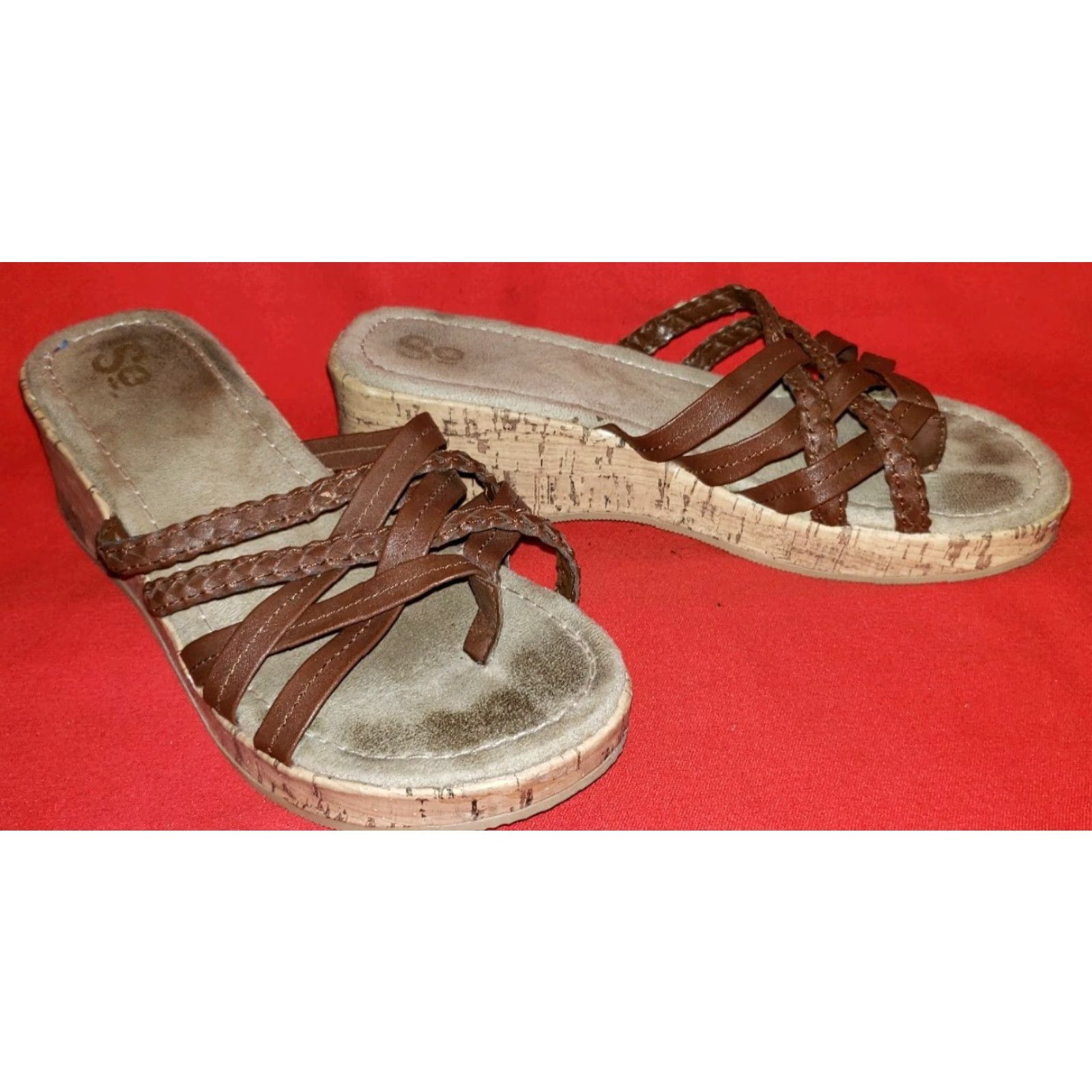 Vintage SO Women's Slide Platform Wedge Sandals Size 7.5M Brown Crossovers Toe Post - Slip On, Faux Leather, Suede Insole, Casual Shoes, Women, 2.5" Heel Size US 6 / IT 36 - 5 Thumbnail