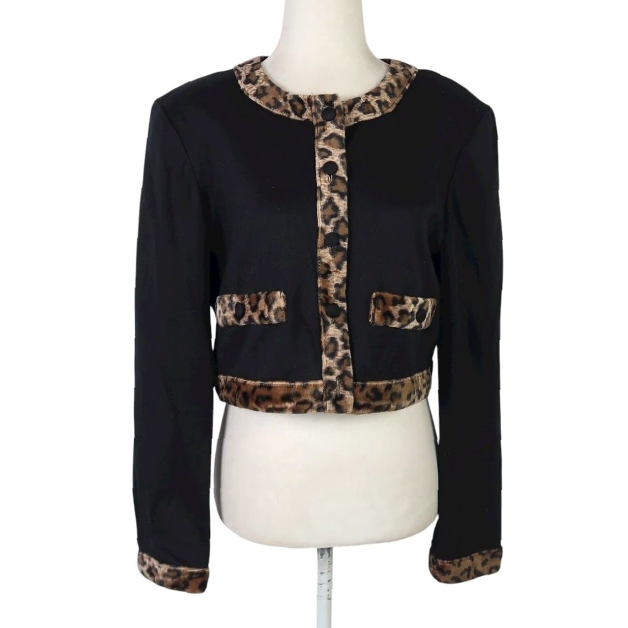 Vintage VINTAGE All That Jazz Jacket Black Knit Leopard Faux Fur Trim 90s 12 Women's Short Sleeve Button Casual Workwear 90s Print Size XL / US 12-14 / IT 48-50 - 2 Thumbnail