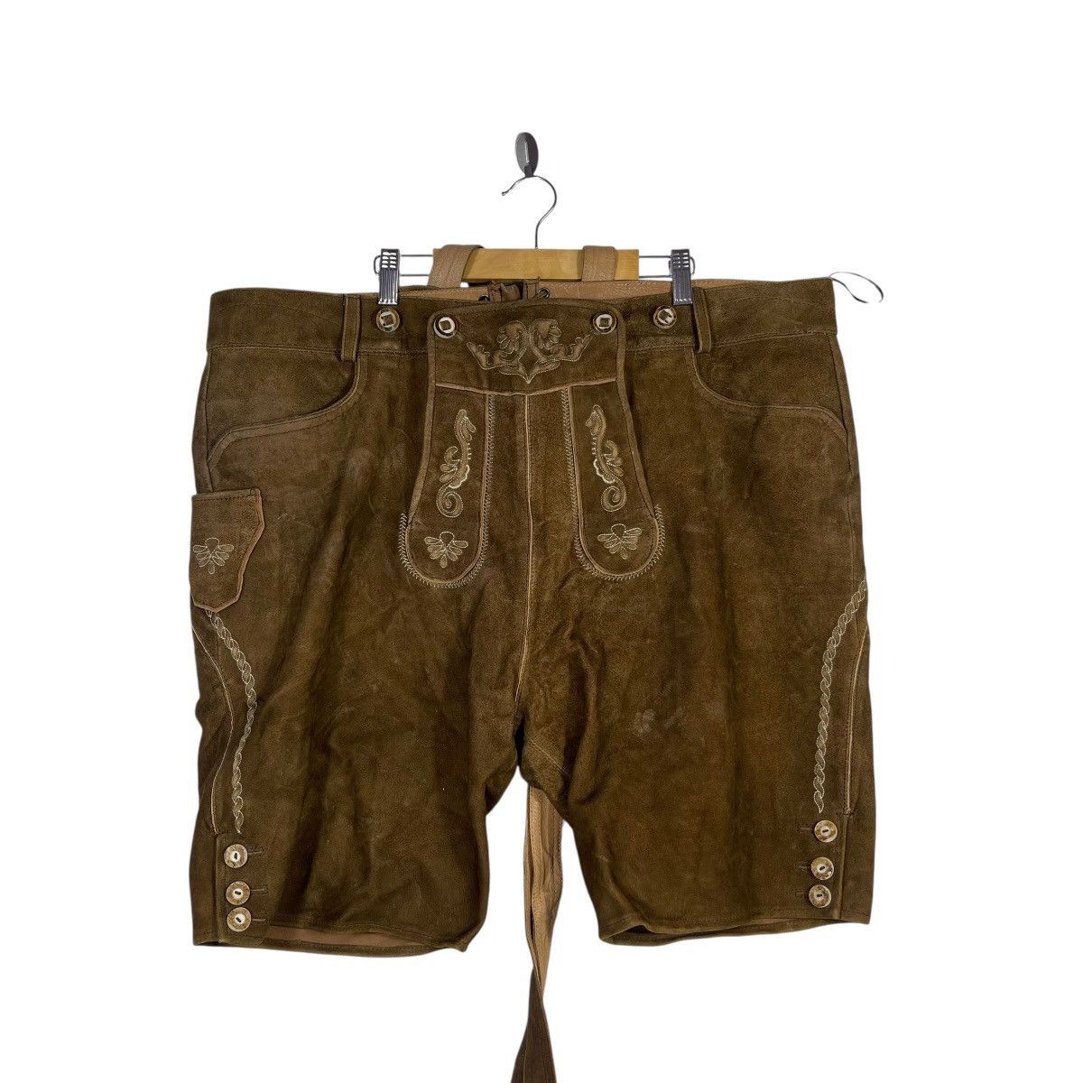 Vintage Vintage German Lederhosen Leather Butcher Brown Embroidered Size US 43 - 1 Thumbnail