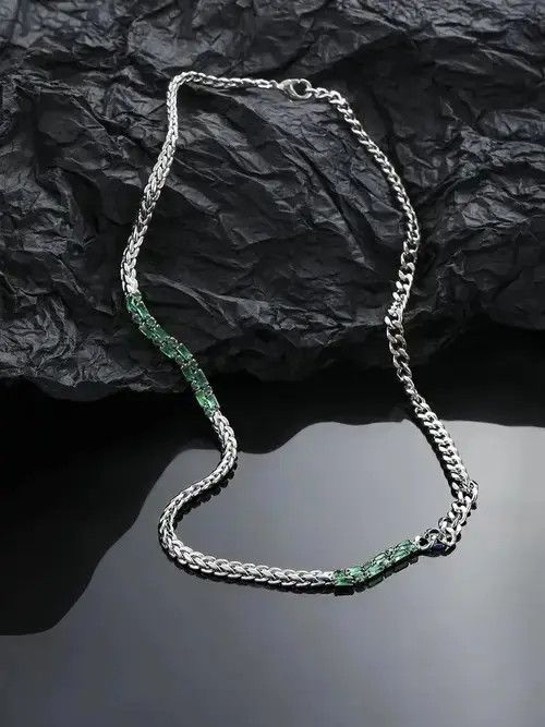 Japanese Brand Green Stone Chrome Chain Silver Goth God Vibe Necklace Size ONE SIZE - 3 Thumbnail