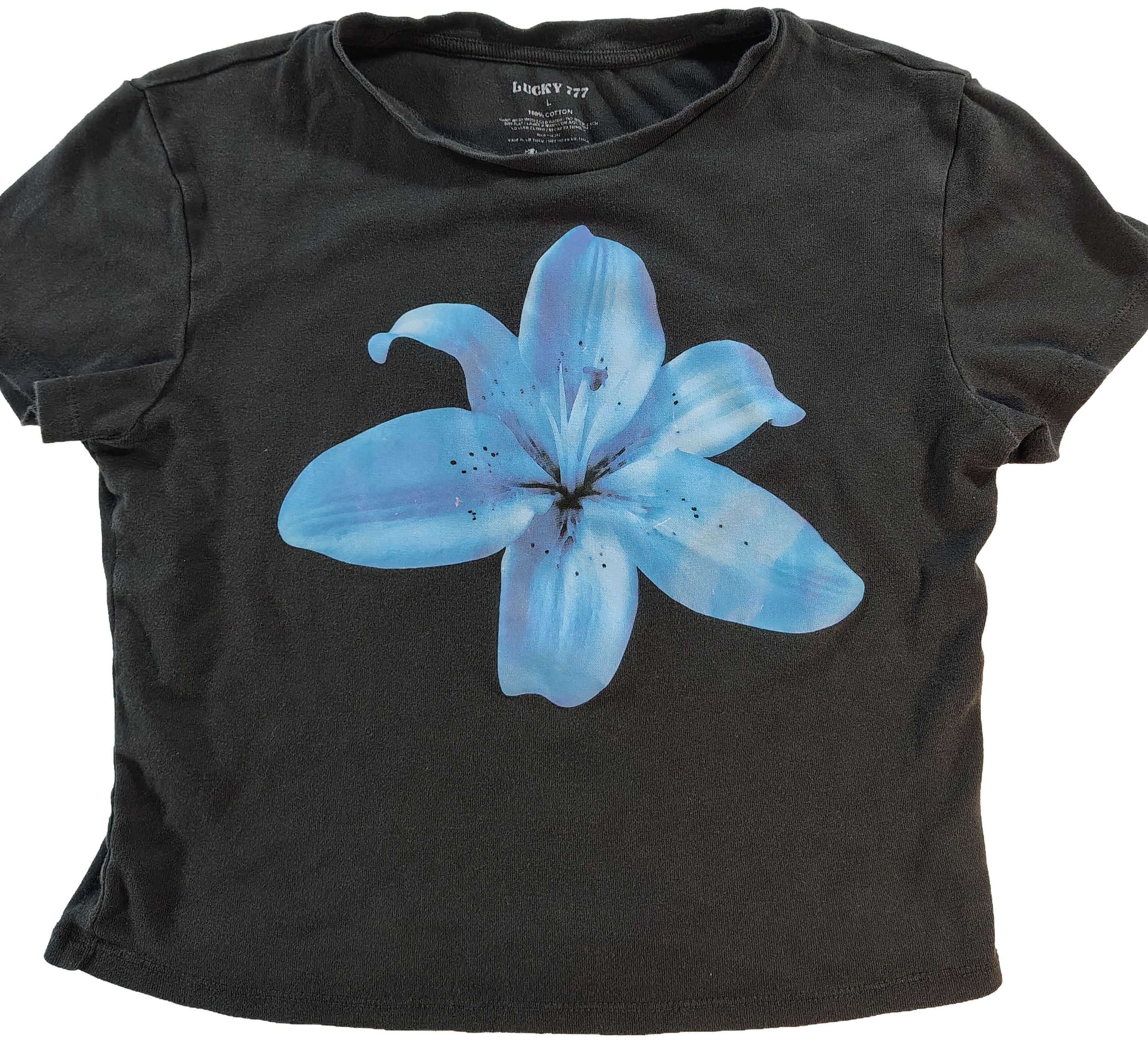Other Women's Large Lucky 777 Blue Flower Graphic Crop Top Tee Size L / US 10 / IT 46 - 1 Thumbnail
