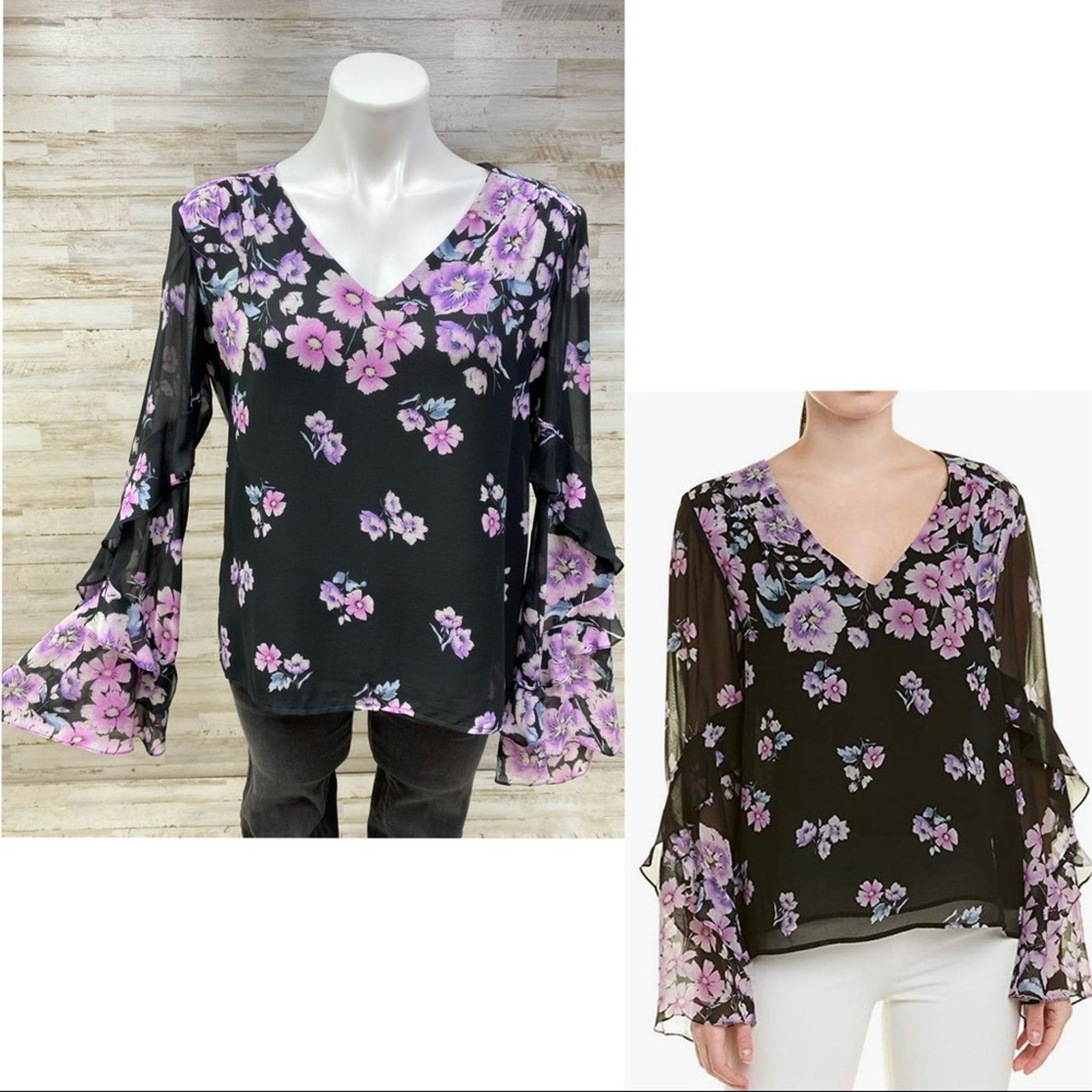 Nanette Lepore Nanette Lepore Silk Zen Floral Blouse Size S Purple Black Size S / US 4 / IT 40 - 1 Thumbnail