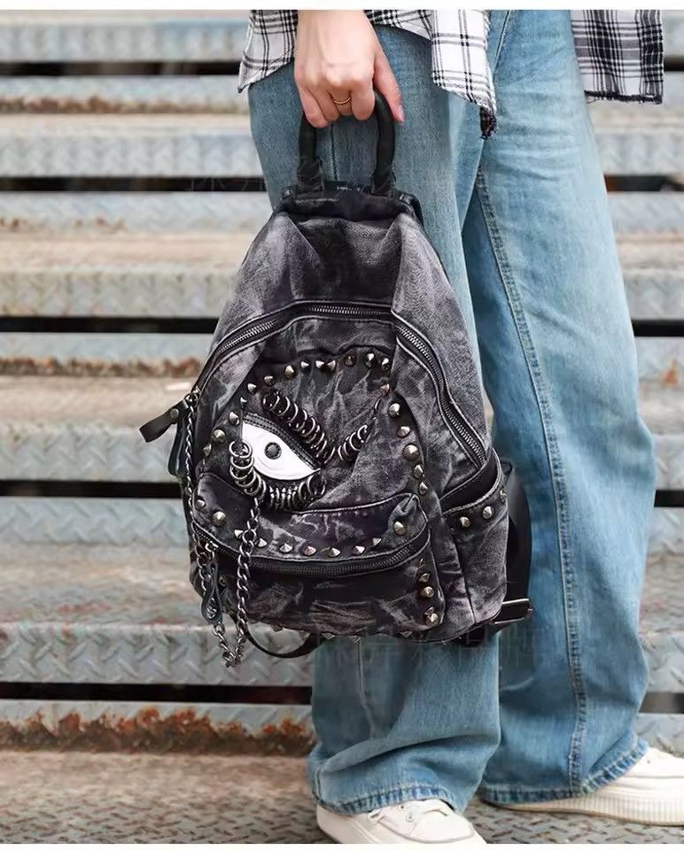 Other Washed Gothic Punk Unisex Denim Capacity Backpack Size ONE SIZE - 3 Thumbnail