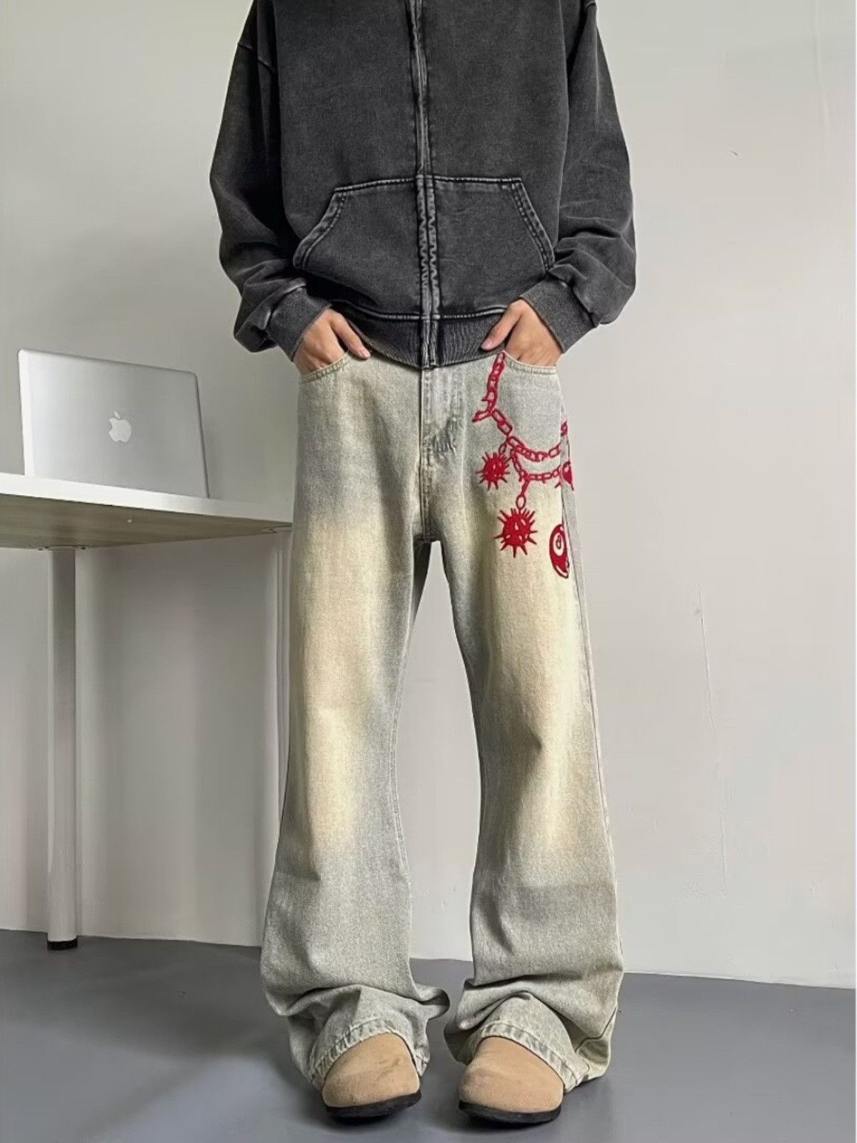 Japanese Brand Retro hip-hop men's straight leg flared embroidered jeans Size US 32 / EU 48 - 1 Thumbnail