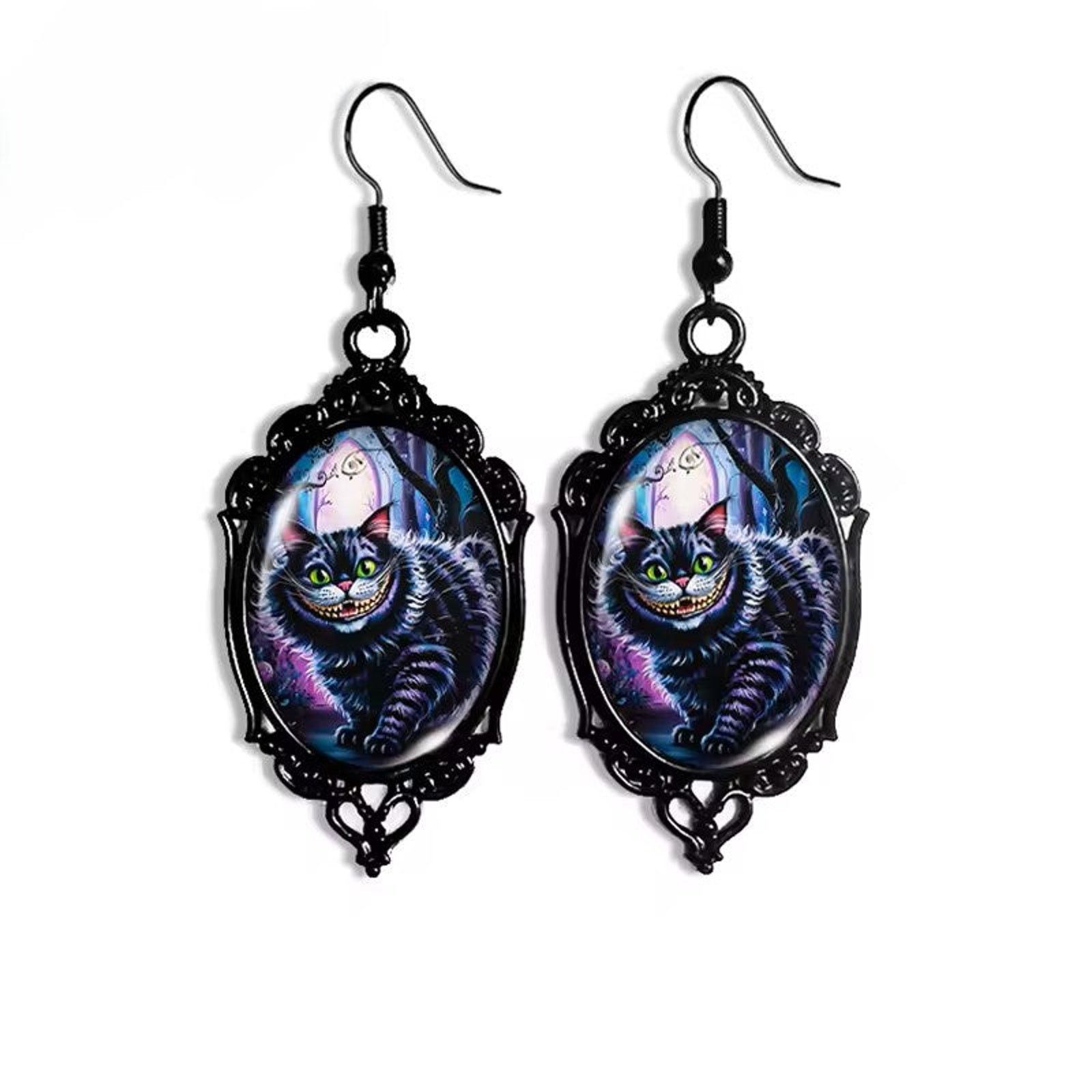 Other Cheshire Cat Dangle Earrings Black Lace Oval Glass Dome Size ONE SIZE - 1 Thumbnail
