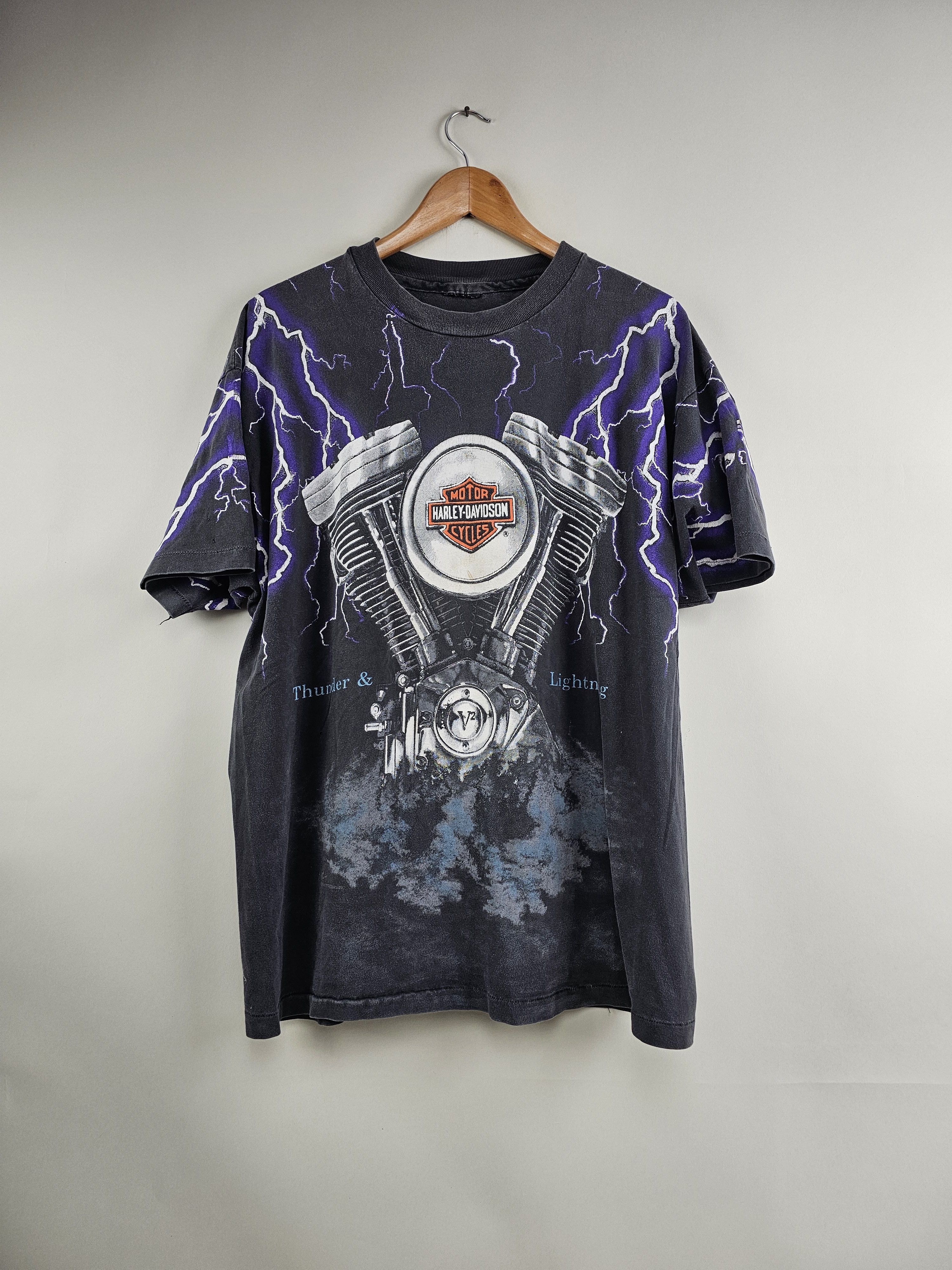 image of Band Tees x Harley Davidson 90's Harley Davidson Thunder & Lightning All Over Print in Black (Size 