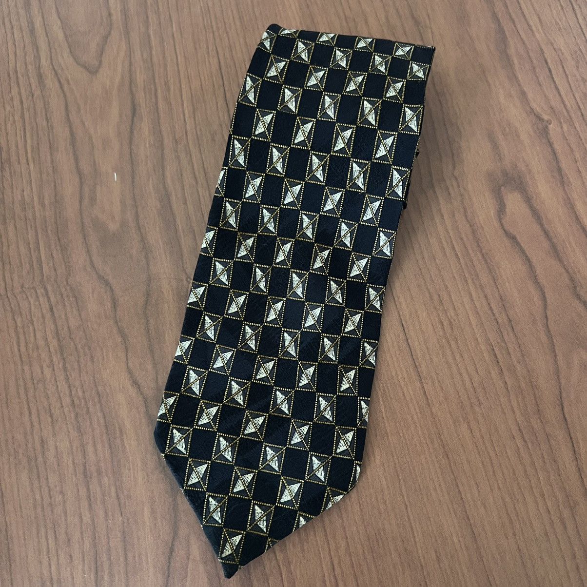 Valentino Valentino Men's Necktie Handmade Italy Silk Gold Black Geo Size ONE SIZE - 6 Thumbnail