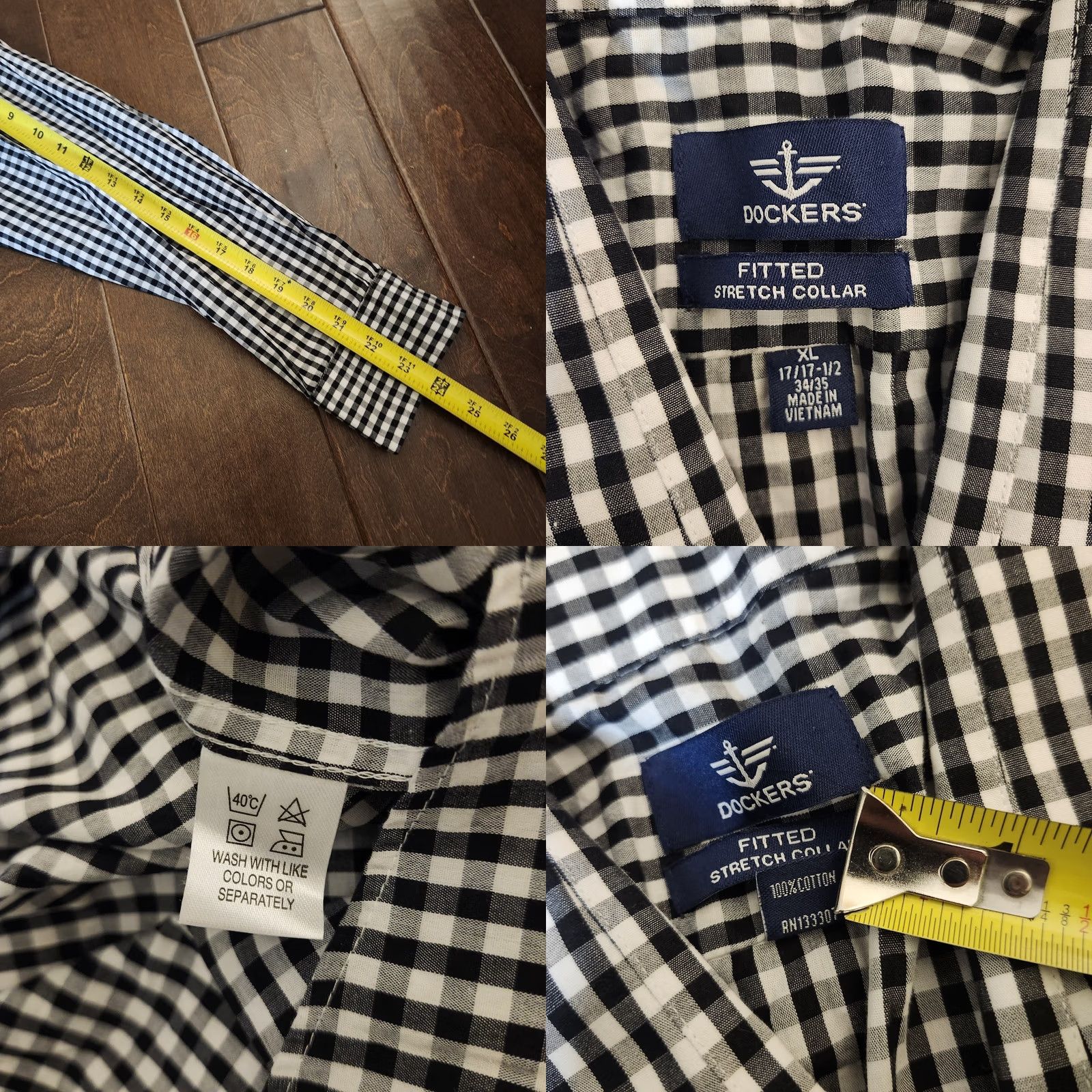 Dockers DOCKERS Dress Shirt Men XL White Black Checkered Fitted Stretch Collared Long Sleeve Button-Front Cotton Size 46R - 9 Thumbnail