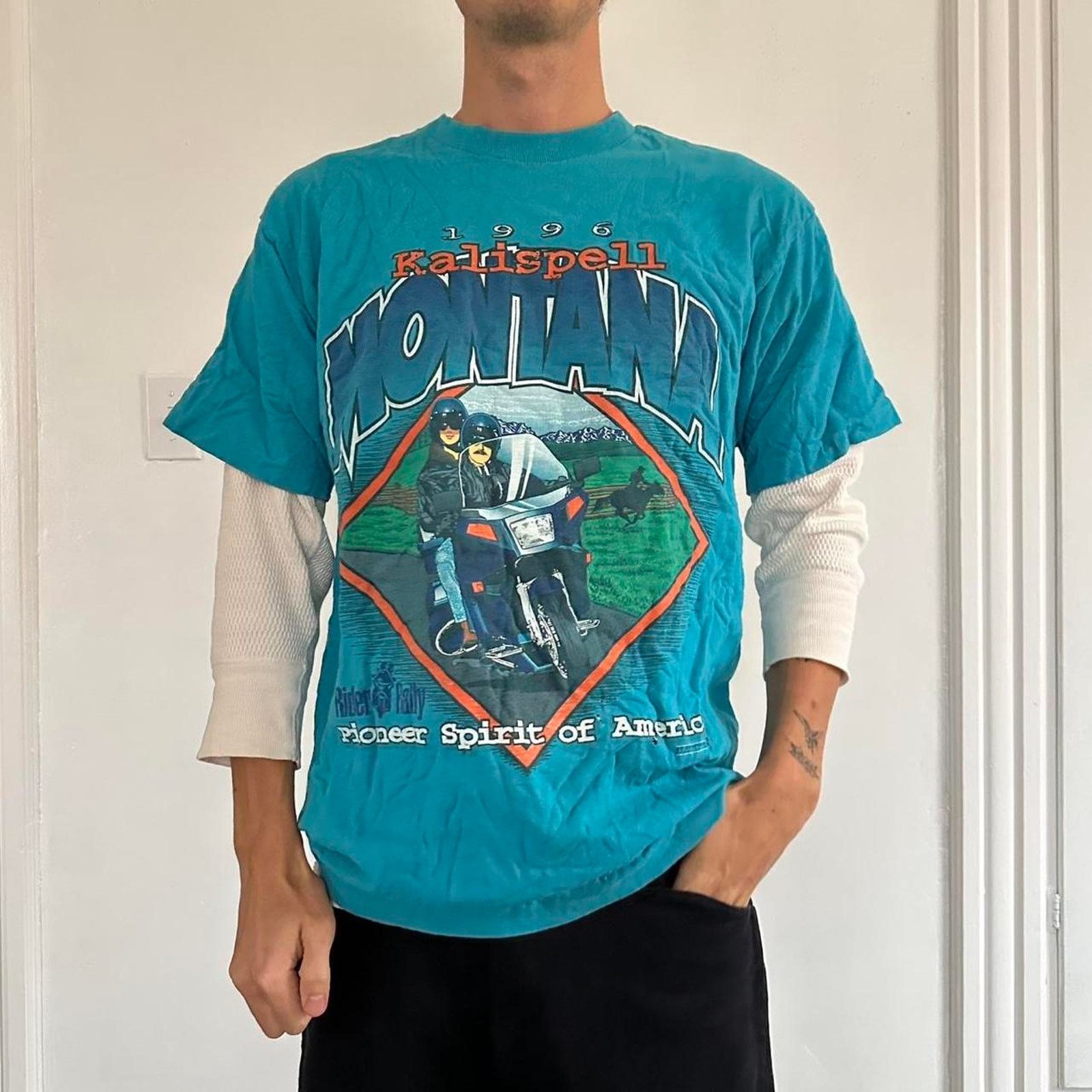 Vintage Vintage 90s Kalispell Montana Motorcycle Graphic Tee Shirt Size US L / EU 52-54 / 3 - 1 Thumbnail
