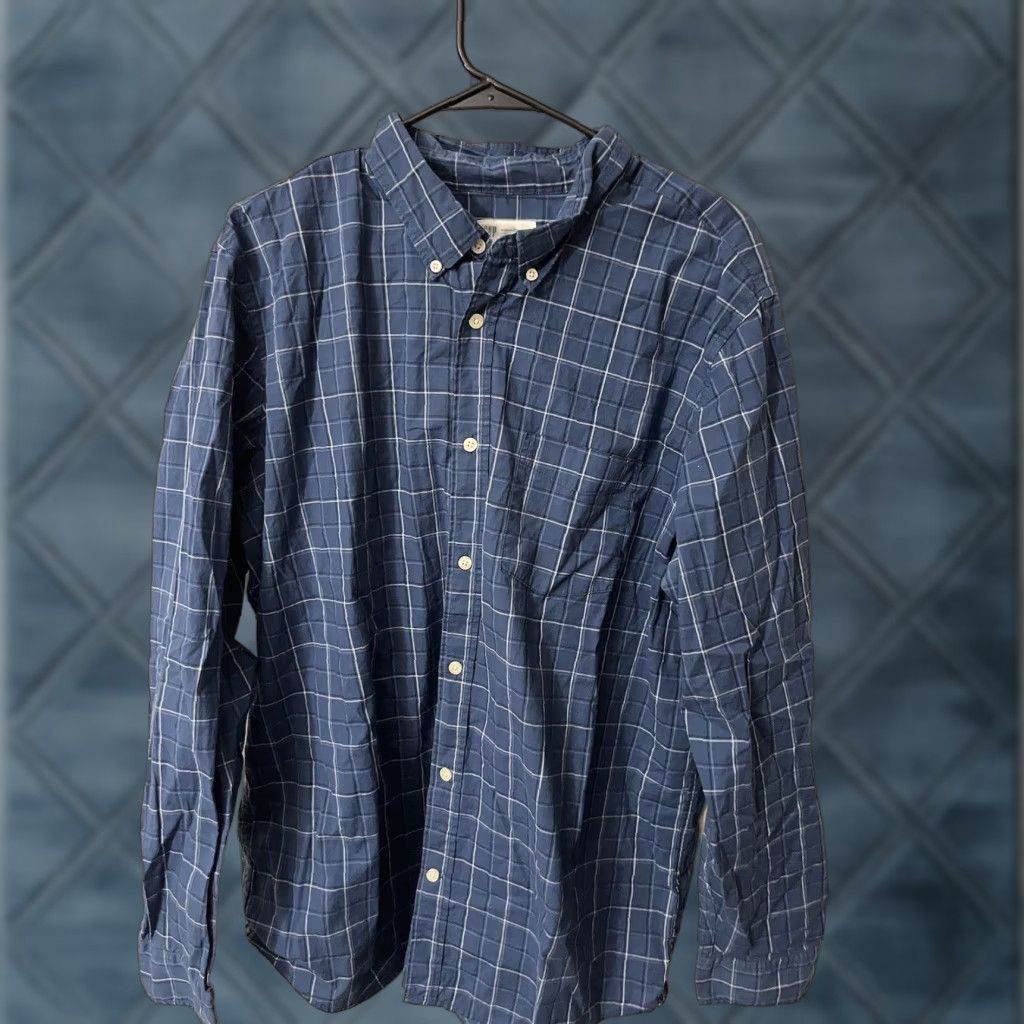 Gap GAP Button-Up Shirt XL Plaid Long Sleeve Standard Fit Stretch Cotton Poplin Blue Men Size US XL / EU 56 / 4 - 1 Thumbnail