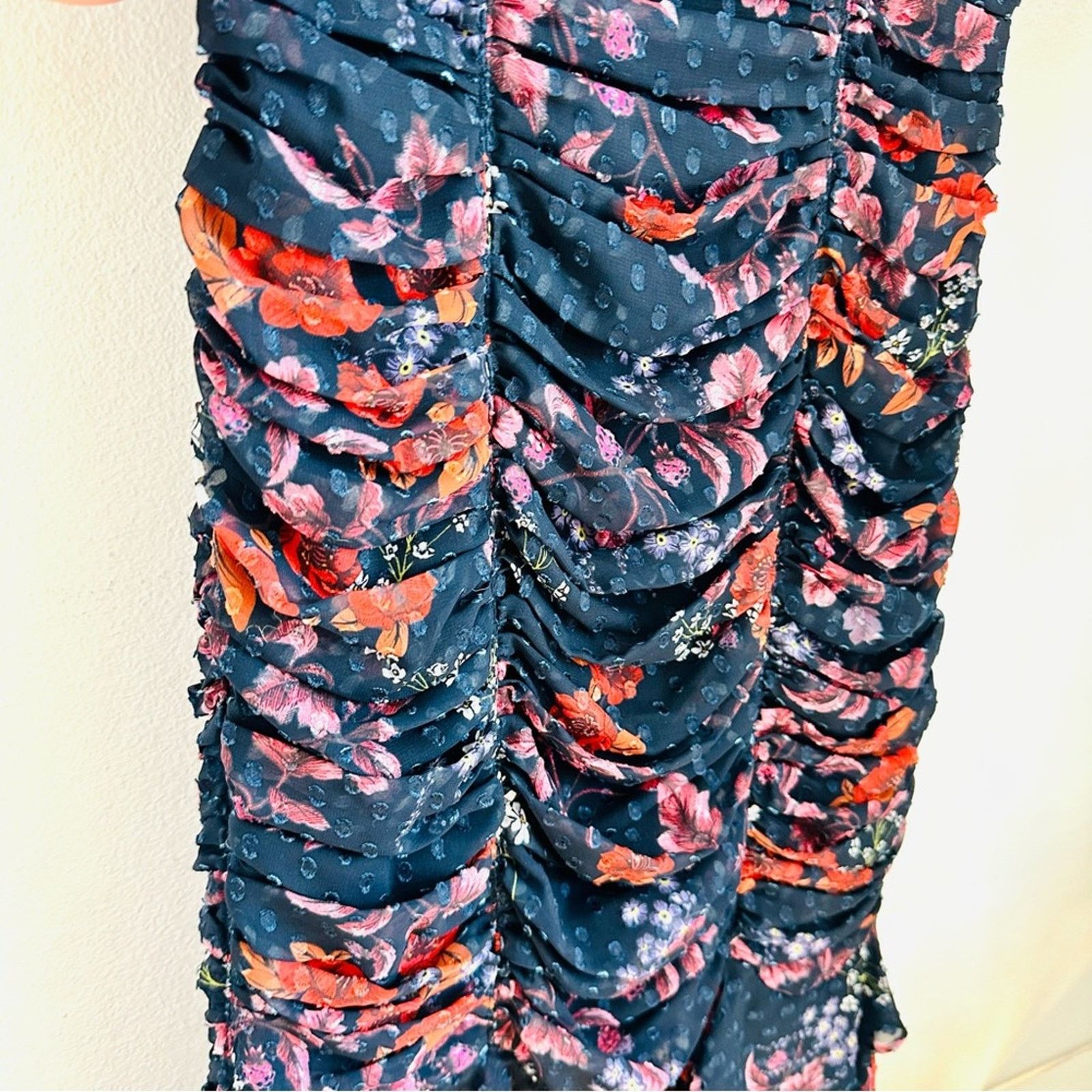 Nordstrom Keepsake Navy Blue Red White Floral Ruffle Ruche Midi Dress Size XS / US 0-2 / IT 36-38 - 5 Thumbnail