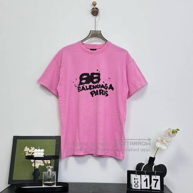 Balenciaga Pink splatter letter logo short-sleeved shirt
