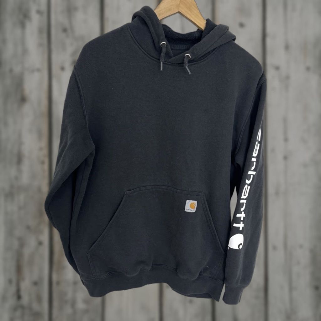 Carhartt Men’s Black Spell Out Sleeve Hoodie Sweatshirt Size Medium