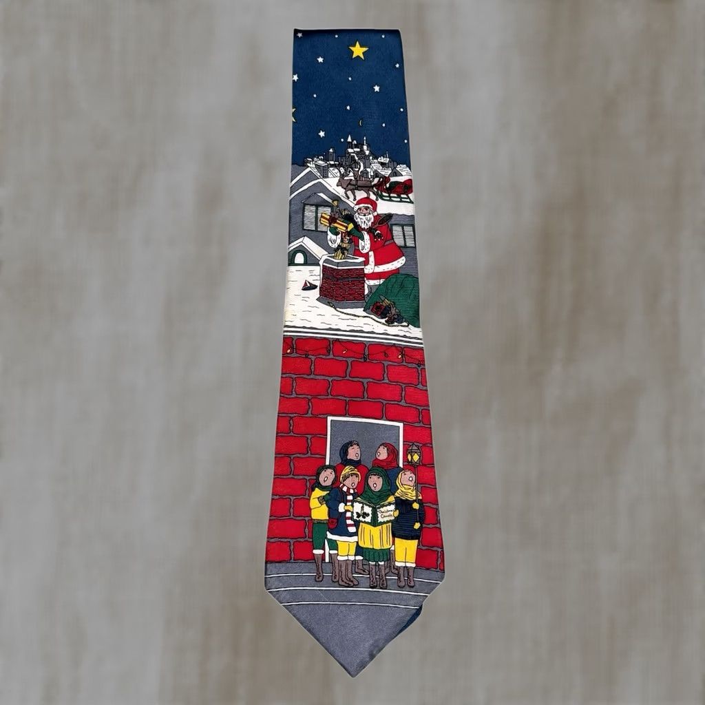 Vintage Dillards Tie Mens 100% Silk Christmas Santa Claus Bricks Caroler Necktie, Men's