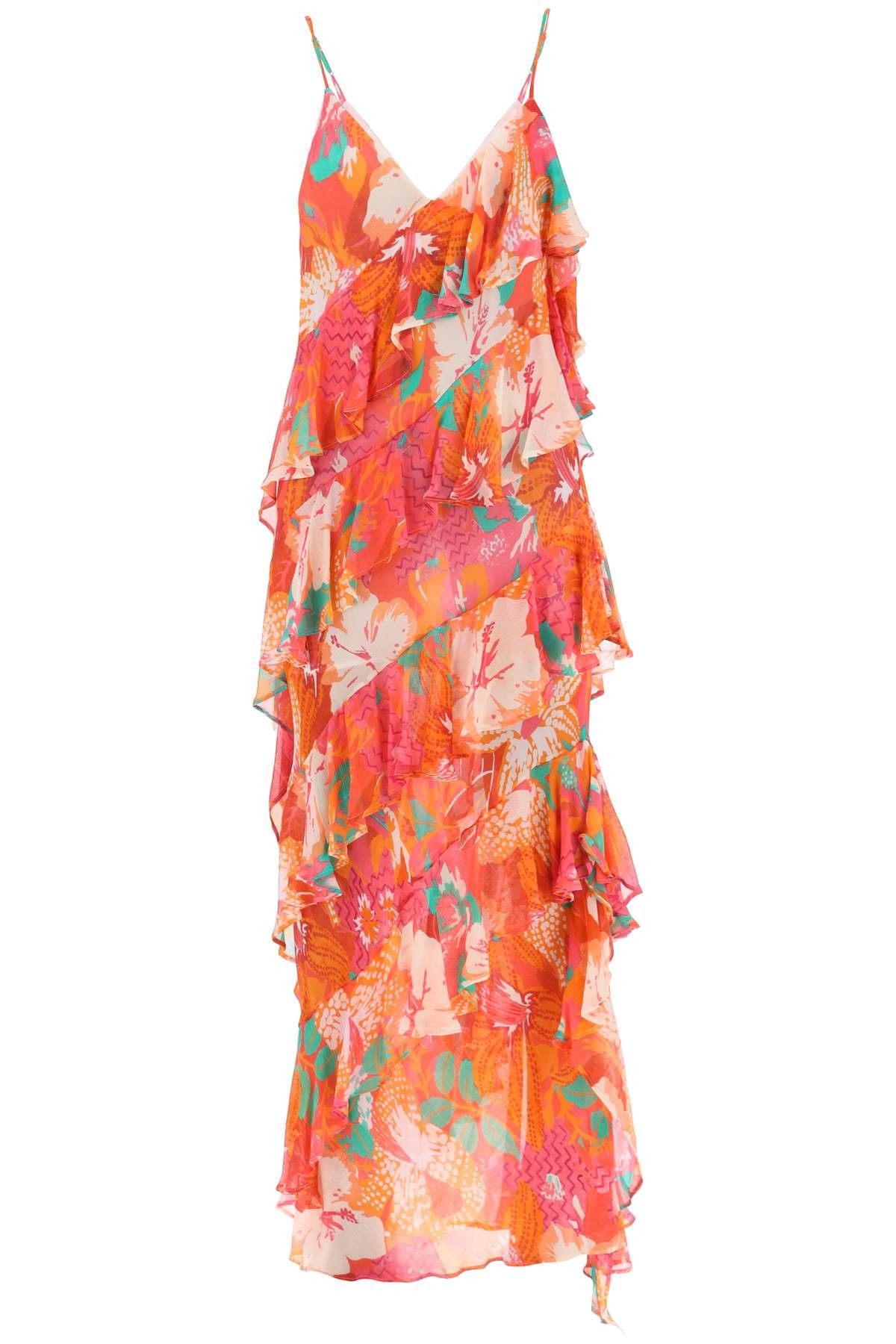 image of Msgm Maxi Frilled Dress With Tropical Motif, Women's (Size Small)